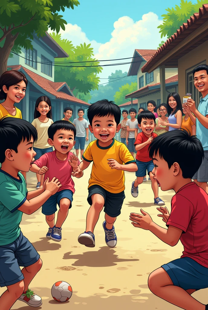 Indonesian muslim family,of a man running with a Rooster and a group of children, by Abidin Dino, an indonesian family portrait, inspired by Rudy Siswanto, realism artstyle, cartoon digital painting, caricature illustration, realistic cartoon, cartoon artstyle, cartoon digital art, in cartoon style, digital art cartoon, local people chasing to attack, cartoon art, happy family