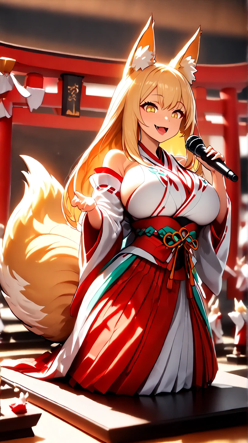 (  Masterpiece ,   top quality:1.2), ((( 1 anime girl))) , (((Alone))),   expressive eyes , Fox&#39;s Tail, ((( long blonde hair))). ((( straight hair))), milf, mature woman, (smile), ((( golden eyes))), (((Standard shrine maiden costume))), ((( fox ears))), Big Breasts, 嬉しそうなsmile, face shot, (((Hold the microphone and sing with your mouth open))),  looking at camera, goofy look, (((Torii of the small shrine ))),  Volume Light ,  subsurface scattering,  Cinematic Light ,  chiaroscuro,  jyojifuku, miko,red hakama, HUGE STUDY ROOM , ((( A miniature of a shrine on a huge desk))), ((( a very small hand-riding goddess on a huge desk))), Bird&#39;s-eye view, (((Tiny 5 cm tall woman ))), SD girl 