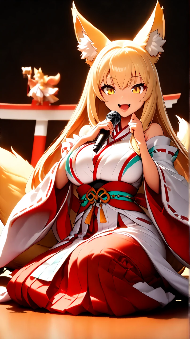 (  Masterpiece ,   top quality:1.2), ((( 1 anime girl))) , (((Alone))),   expressive eyes , Fox&#39;s Tail, ((( long blonde hair))). ((( straight hair))), milf, mature woman, (smile), ((( golden eyes))), (((Standard shrine maiden costume))), ((( fox ears))), Big Breasts, 嬉しそうなsmile, face shot, (((Hold the microphone and sing with your mouth open))),  looking at camera, goofy look, (((Torii of the small shrine ))),  Volume Light ,  subsurface scattering,  Cinematic Light ,  chiaroscuro,  jyojifuku, miko,red hakama, HUGE STUDY ROOM , ((( A miniature of a shrine on a huge desk))), ((( a very small hand-riding goddess on a huge desk))), Bird&#39;s-eye view, (((Tiny 5 cm tall woman ))), SD girl 