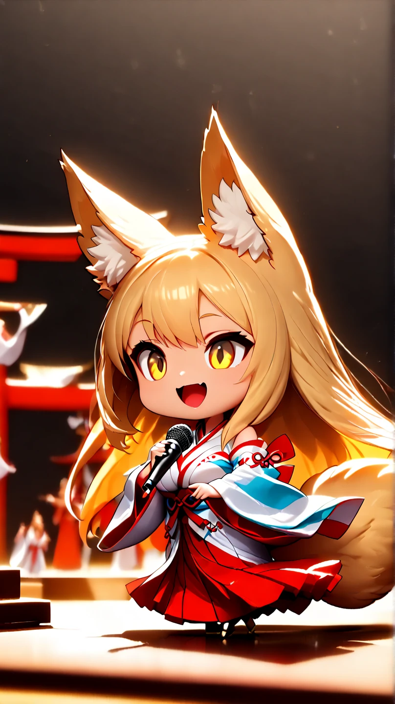 (  Masterpiece ,   top quality:1.2), ((( 1 anime girl))) , (((Alone))),   expressive eyes , Fox&#39;s Tail, ((( long blonde hair))). ((( straight hair))), milf, mature woman, (smile), ((( golden eyes))), (((Standard shrine maiden costume))), ((( fox ears))), Big Breasts, 嬉しそうなsmile, face shot, (((Hold the microphone and sing with your mouth open))),  looking at camera, goofy look, (((Torii of the small shrine ))),  Volume Light ,  subsurface scattering,  Cinematic Light ,  chiaroscuro,  jyojifuku, miko,red hakama, HUGE STUDY ROOM , ((( A miniature of a shrine on a huge desk))), ((( a very small hand-riding goddess on a huge desk))), Bird&#39;s-eye view, (((Tiny 5 cm tall woman ))), SD girl 