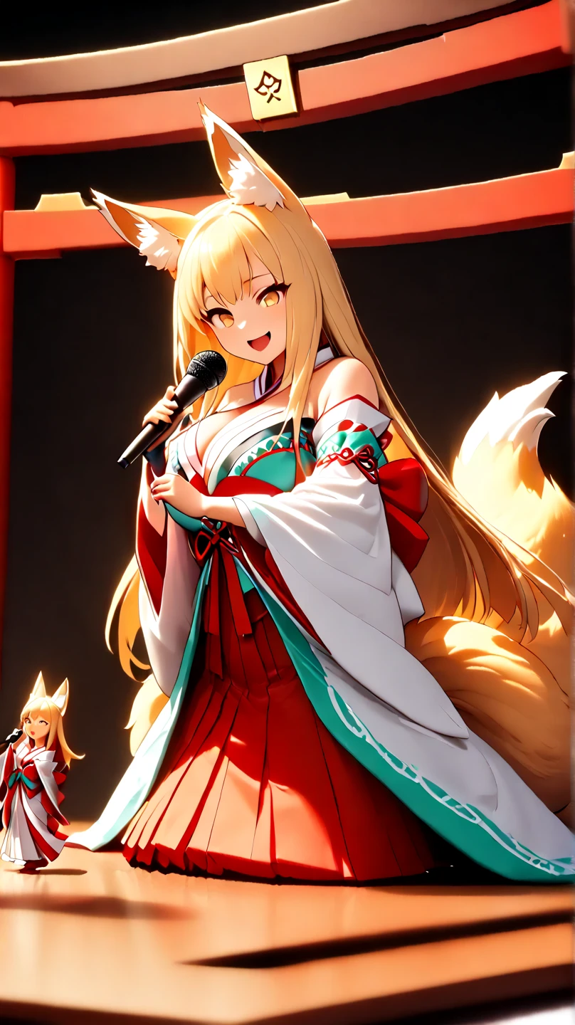 (  Masterpiece ,   top quality:1.2), ((( 1 anime girl))) , (((Alone))),   expressive eyes , Fox&#39;s Tail, ((( long blonde hair))). ((( straight hair))), milf, mature woman, (smile), ((( golden eyes))), (((Standard shrine maiden costume))), ((( fox ears))), Big Breasts, 嬉しそうなsmile, face shot, (((Hold the microphone and sing with your mouth open))),  looking at camera, goofy look, (((Torii of the small shrine ))),  Volume Light ,  subsurface scattering,  Cinematic Light ,  chiaroscuro,  jyojifuku, miko,red hakama, HUGE STUDY ROOM , ((( A miniature of a shrine on a huge desk))), ((( a very small hand-riding goddess on a huge desk))), Bird&#39;s-eye view, (((Tiny 5 cm tall woman ))), SD girl 