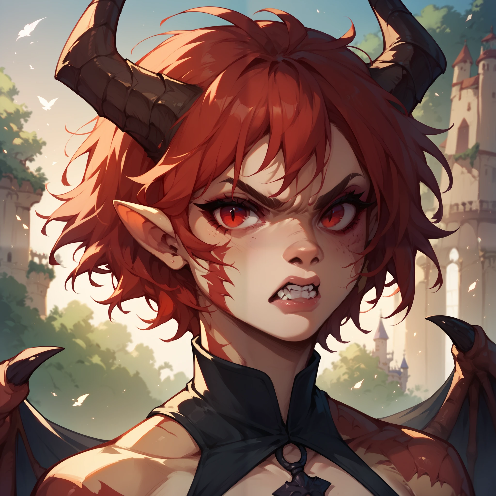 a female dragon with red eyes and short red hair. she has claws and wings and horns. she looks angry and is standing inside a dreary castle. she has on barbarian clothes. close-up to waist up. she is looking at you.