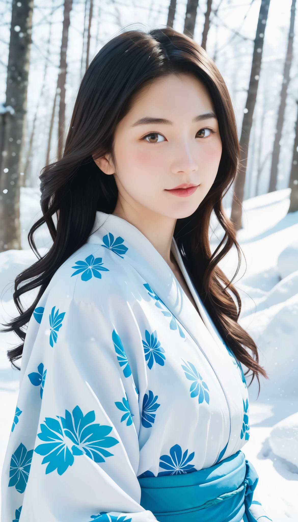  black hair、  cute顔, ( kimono)、( top quality,Masterpiece:1.3, super A high resolution,),( very detailed, caustics ),( Photorealistic:1.4,RAW shooting,) super realistic capture , very detailed,High resolution 16K suitable for human skin、  skin texture is natural 、、 for even skin tone and healthy appearance、  use natural light and color , one woman, Japanese ,, cute, black hair, Making middle hair ,( depth of written border 、 Color Difference、、Wide lighting range、Natural Shading、)、、( snow is falling :1.3)、( hair fluttering in the wind:1.3)、( snow reflects light :1.3)