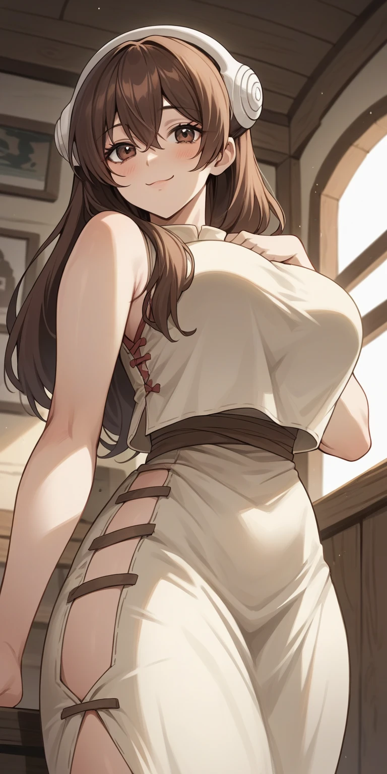 score_9, score_8_up, score_7_up, source_anime, yuzurikha ,  long hair, bang,  brown hair ,  brown eye , bare side,  headphones, ( huge breasts:0.7),( huge hips :0.8),  open shoulders , clavicle, shoulder,  vest , beige dress,  side cut,  seductive pose , from the side:0.4, from below:0.2, in a primitive house , smile,  style to blush,  looks at the viewer , One,