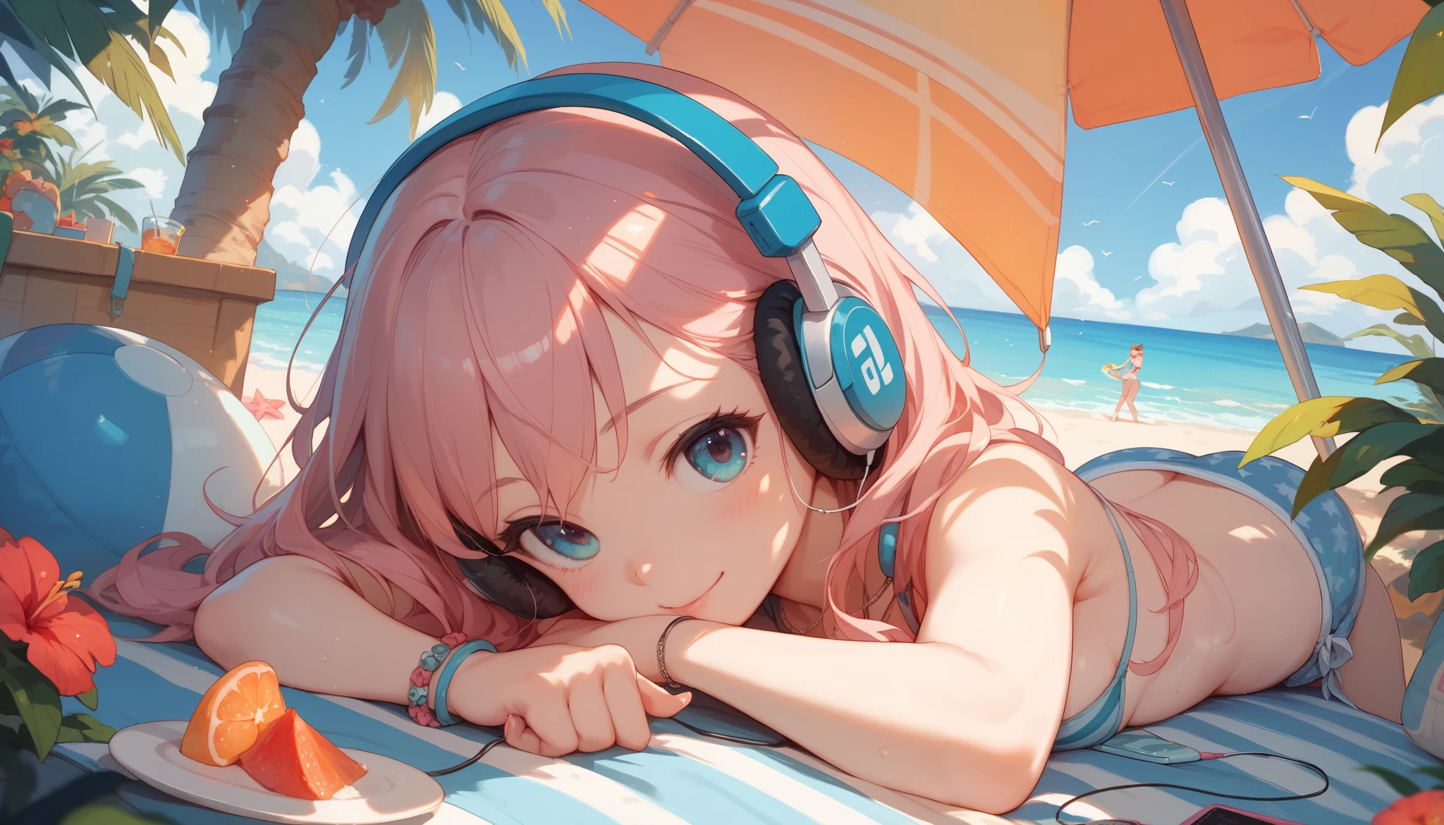 Girl wearing headphones and listening to music、close your eyes、walk on the beach、bikini
