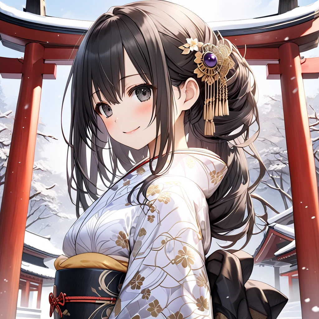 ( from the side 1 girl ), black hair:1.5, black eyes,long hair ,sidelocks,smile,blush, ( small tits:1.5)、(luxurious white pattern kimono:1.5),stand、snow、shrine、front、From below、( cowboy shot)、(whole body),( perfect anatomy ),( best quality), ( ultra hi-res), (超 high definition ), ( Highly Detailed CG), (32K), (masterpiece)、eyesHD,Green \(Neptunia )\