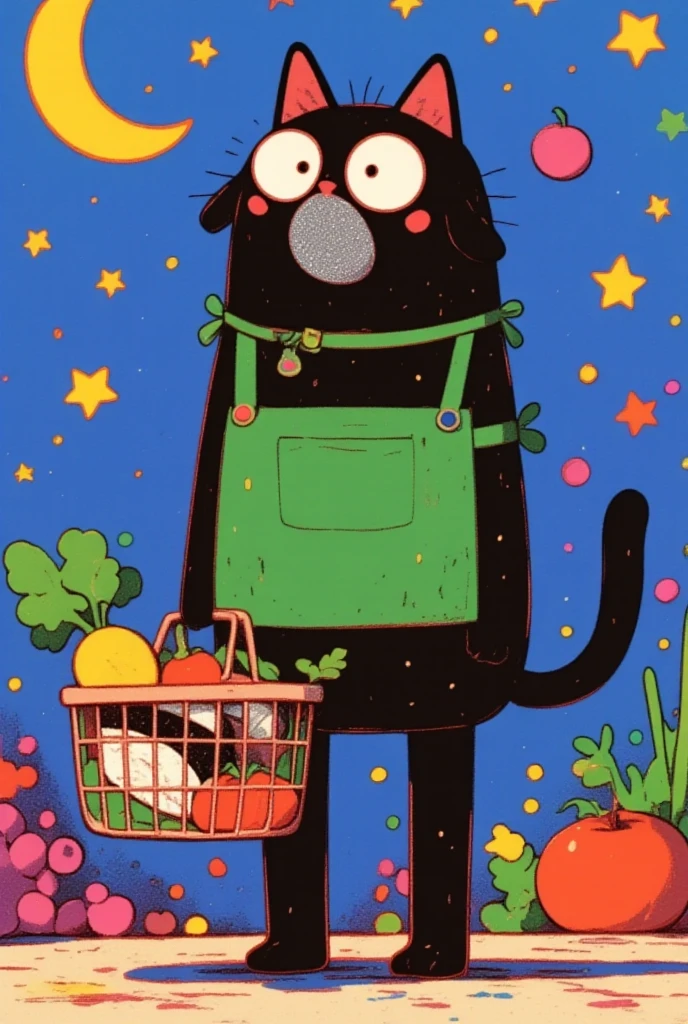    a black cat ， two legs larger than a human  \ girl,    wearing a green apron   ,   gray fur from nose to stomach  , gray mouth  ,   with droopy ears ,  outward ears   ,   poor eyesight  ,   Charming face , :3,   I have a shopping basket 、 I have vegetables and fish in my hands , I 