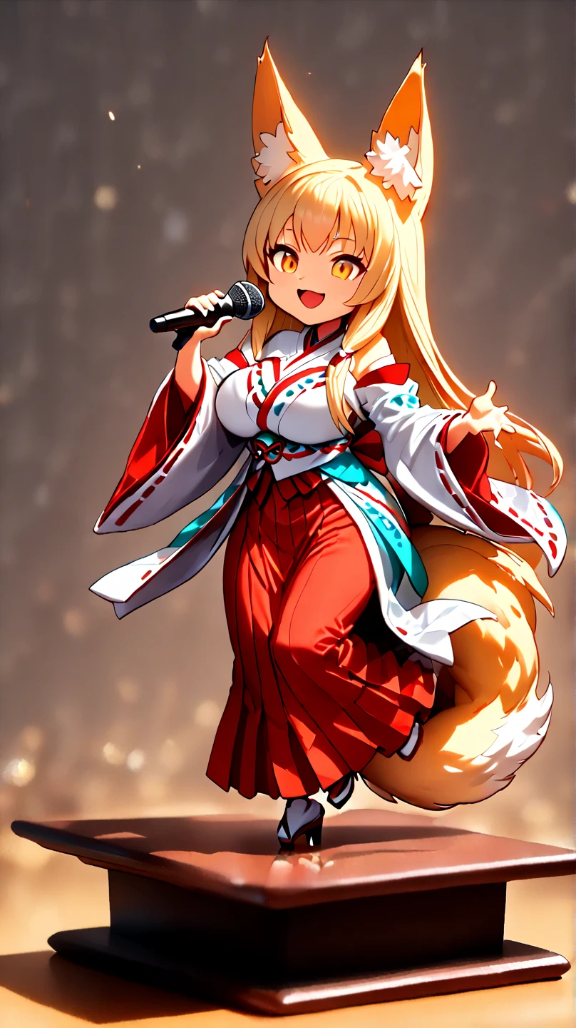 (  Masterpiece ,   top quality:1.2), ((( 1 anime girl))) , (((Alone))),   expressive eyes , Fox&#39;s Tail, ((( long blonde hair))). ((( straight hair))), milf, mature woman, (smile), ((( golden eyes))), (((Standard shrine maiden costume))), ((( fox ears))), Big Breasts, 嬉しそうなsmile, face shot, (((Hold the microphone and sing with your mouth open))),  looking at camera, goofy look, (((Torii of the small shrine ))),  Volume Light ,  subsurface scattering,  Cinematic Light ,  chiaroscuro,  jyojifuku, miko,red hakama, HUGE STUDY ROOM , ((( A miniature of a shrine on a huge desk))), ((( a very small hand-riding goddess on a huge desk))), Bird&#39;s-eye view, (((Tiny 5 cm tall woman ))), SD girl , full body