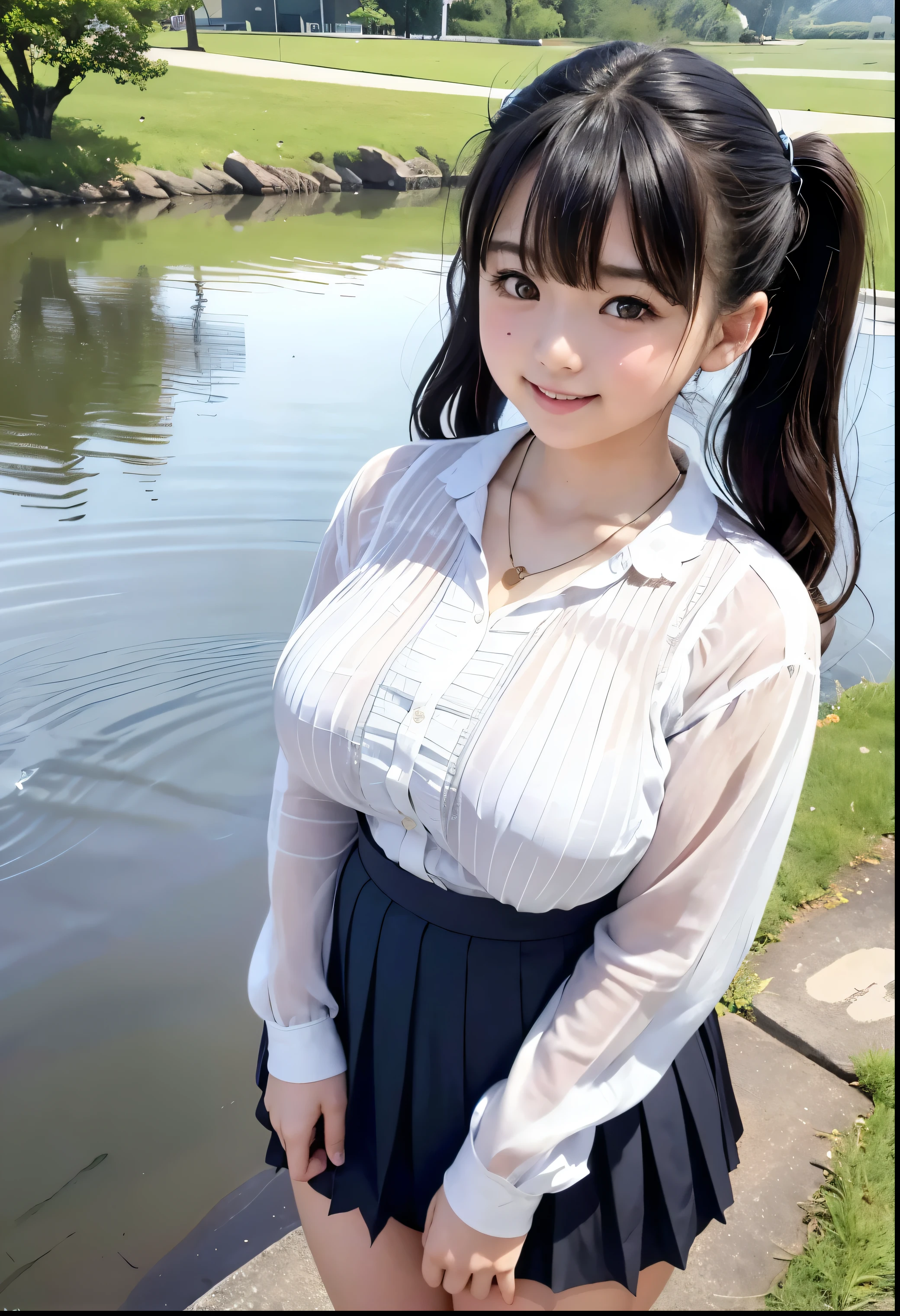 (Highest quality,masterpiece:1.3,Ultra-high resolution),(Very detailed、Caustics) (Realistic:1.4, RAW shooting、)Ultra-Realistic Capture、Very detailed、Natural skin texture、masterpiece、(A Japanese elementary school girl wearing a blouse and pleated skirt:1.3)、Adorable expression、Expressions of happiness、10 years old、height: 140cm、Baby Face、Pure girl、Amazingly cute、Twin tail hairstyle、Curly Hair、ribbon、Black Hair、Very large breasts、Shining thighs、Shining ass、necklace、Shade by the lake、Background details、smile、An inviting gaze、(Anatomically correct)、Cowboy Shot、Attention to detail、Lift the breast from below with both hands、Protruding breasts、