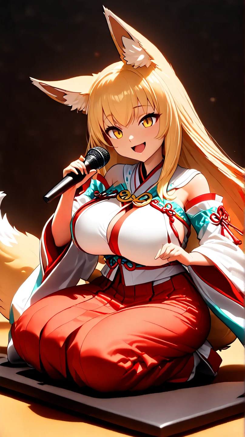 (  Masterpiece ,   top quality:1.2), ((( 1 anime girl))) , (((Alone))),   expressive eyes , Fox&#39;s Tail, ((( long blonde hair))). ((( straight hair))), milf, mature woman, (smile), ((( golden eyes))), (((Standard shrine maiden costume))), ((( fox ears))), Big Breasts, 嬉しそうなsmile, face shot, (((Hold the microphone and sing with your mouth open))),  looking at camera, goofy look, (((Torii of the small shrine ))),  Volume Light ,  subsurface scattering,  Cinematic Light ,  chiaroscuro,  jyojifuku, miko,red hakama, HUGE STUDY ROOM , ((( A miniature of a shrine on a huge desk))), ((( a very small hand-riding goddess on a huge desk))), Bird&#39;s-eye view, (((Tiny 5 cm tall woman ))), SD girl , ((full body))