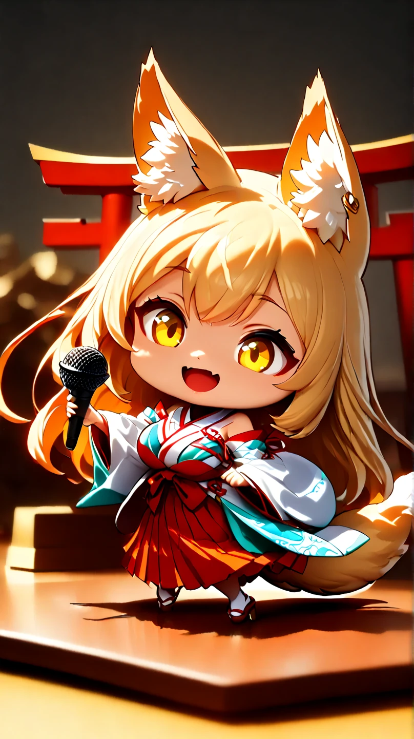 (  Masterpiece ,   top quality:1.2), ((( 1 anime girl))) , (((Alone))),   expressive eyes , Fox&#39;s Tail, ((( long blonde hair))). ((( straight hair))), milf, mature woman, (smile), ((( golden eyes))), (((Standard shrine maiden costume))), ((( fox ears))), Big Breasts, 嬉しそうなsmile, face shot, (((Hold the microphone and sing with your mouth open))),  looking at camera, goofy look, (((Torii of the small shrine ))),  Volume Light ,  subsurface scattering,  Cinematic Light ,  chiaroscuro,  jyojifuku, miko,red hakama, HUGE STUDY ROOM , ((( A miniature of a shrine on a huge desk))), ((( a very small hand-riding goddess on a huge desk))), Bird&#39;s-eye view, (((Tiny 5 cm tall woman ))), SD girl , ((full body))