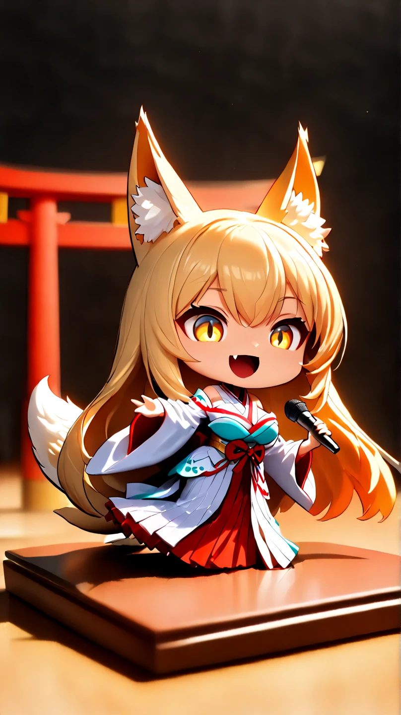 (  Masterpiece ,   top quality:1.2), ((( 1 anime girl))) , (((Alone))),   expressive eyes , Fox&#39;s Tail, ((( long blonde hair))). ((( straight hair))), milf, mature woman, (smile), ((( golden eyes))), (((Standard shrine maiden costume))), ((( fox ears))), Big Breasts, 嬉しそうなsmile, face shot, (((Hold the microphone and sing with your mouth open))),  looking at camera, goofy look, (((Torii of the small shrine ))),  Volume Light ,  subsurface scattering,  Cinematic Light ,  chiaroscuro,  jyojifuku, miko,red hakama, HUGE STUDY ROOM , ((( A miniature of a shrine on a huge desk))), ((( a very small hand-riding goddess on a huge desk))), Bird&#39;s-eye view, (((Tiny 5 cm tall woman ))), SD girl , ((full body))