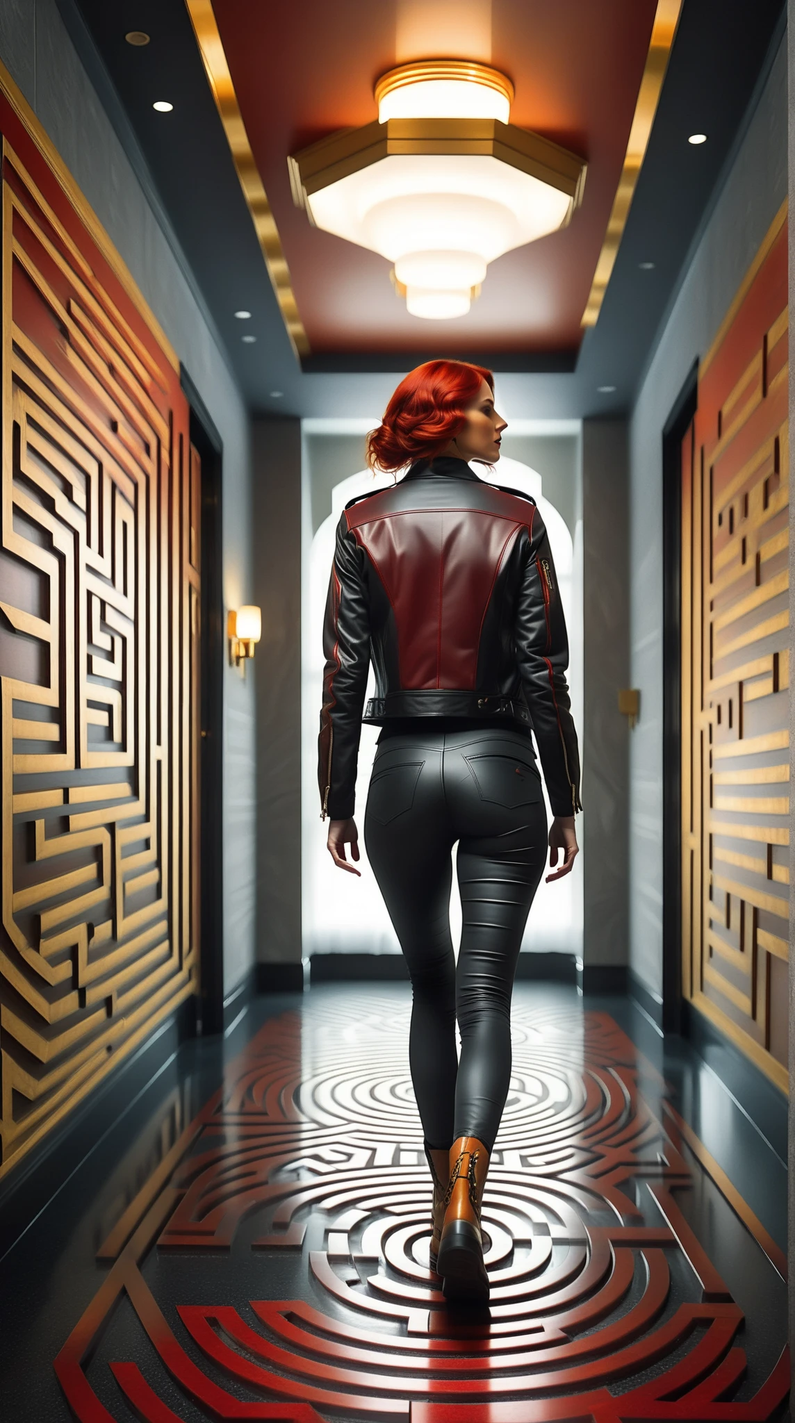 Score_9, score_8_up, score_7_up, source_real, photorealistic, rating_safe;; 1woman, J3sse, facing away, rear angle, (levitating off the floor:1.27), from behind;; crimson red hair, (fitted and cropped black leather jacket), tight grey t-shirt, (low-cut tight black pants), round hips, strong glutes, boots;; art deco interior architecture, (indoors labyrinthine hotel corridors:1.42), (indoors endlessly shifting art deco hotel hall), (indoors endless liminal space:1.52), red and gold motifs, vintage dark wood hotel furniture, red and gold art deco patterned carpet, 1920s style background of wood and red and gold