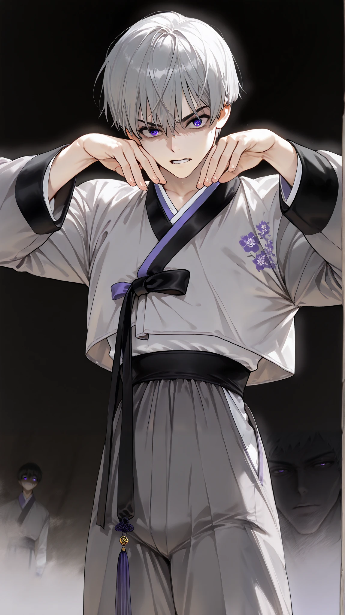 anime, (masterpiece, high resolution, 2k resolution, very detailed), frontal, (1 man, perfect face),(white short cut),(violet eyes), (gray male korean hanbok, gray male hanbok pants), dark lighting , slim face, martial arts pose