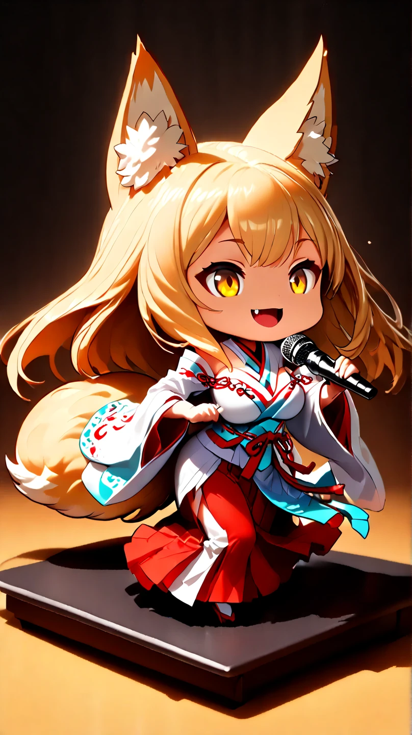 (  Masterpiece ,   top quality:1.2), ((( 1 anime girl))) , (((Alone))),   expressive eyes , Fox&#39;s Tail, ((( long blonde hair))). ((( straight hair))), milf, mature woman, (smile), ((( golden eyes))), (((Standard shrine maiden costume))), ((( fox ears))), Big Breasts, 嬉しそうなsmile, face shot, (((Hold the microphone and sing with your mouth open))),  looking at camera, goofy look, (((Torii of the small shrine ))),  Volume Light ,  subsurface scattering,  Cinematic Light ,  chiaroscuro,  jyojifuku, miko,red hakama, HUGE STUDY ROOM , ((( A miniature of a shrine on a huge desk))), ((( a very small hand-riding goddess on a huge desk))), Bird&#39;s-eye view, (((Tiny 5 cm tall woman ))), SD girl , ((full body))