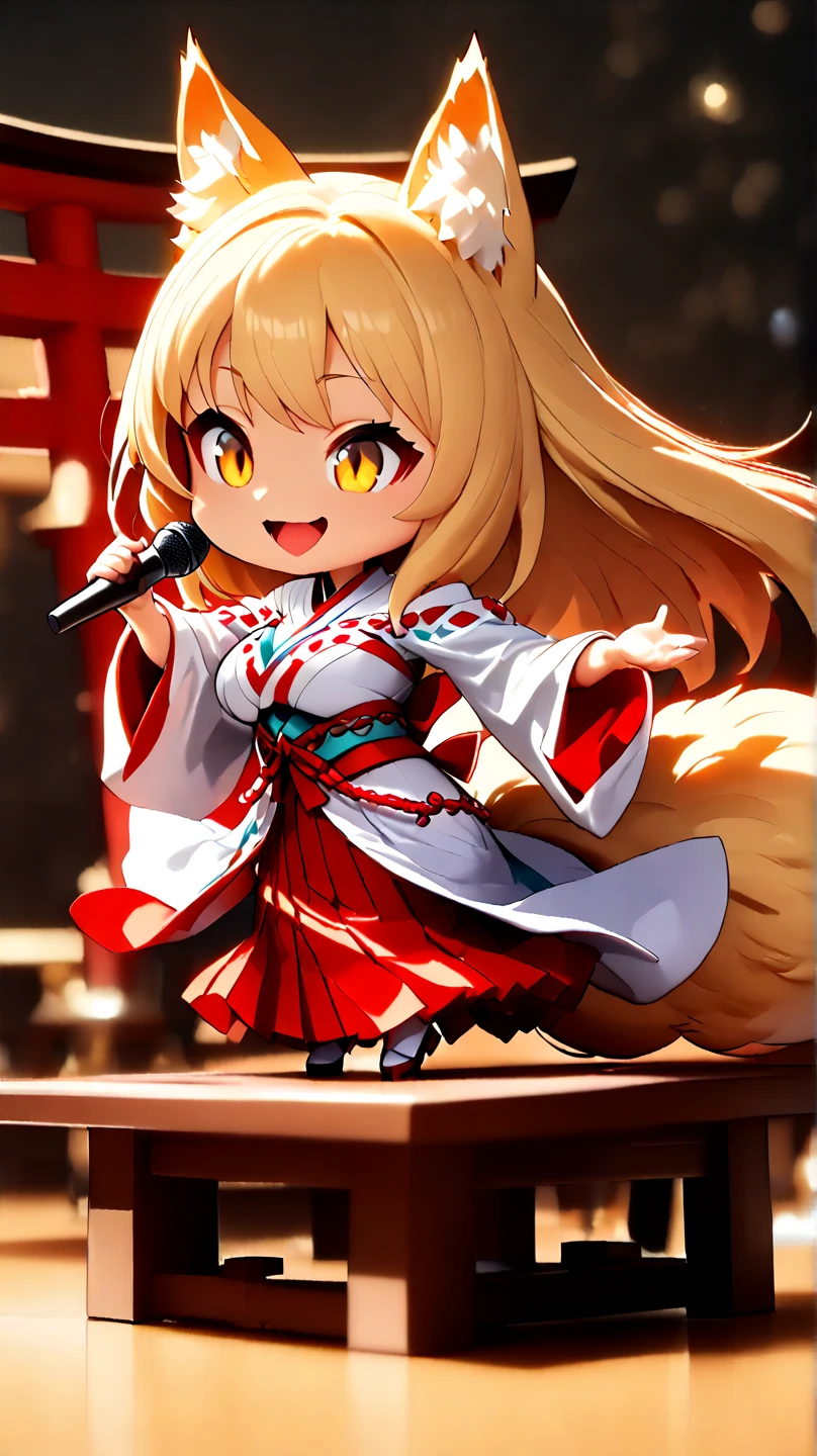 (  Masterpiece ,   top quality:1.2), ((( 1 anime girl))) , (((Alone))),   expressive eyes , Fox&#39;s Tail, ((( long blonde hair))). ((( straight hair))), milf, mature woman, (smile), ((( golden eyes))), (((Standard shrine maiden costume))), ((( fox ears))), Big Breasts, 嬉しそうなsmile, face shot, (((Hold the microphone and sing with your mouth open))),  looking at camera, goofy look, (((Torii of the small shrine ))),  Volume Light ,  subsurface scattering,  Cinematic Light ,  chiaroscuro,  jyojifuku, miko,red hakama, HUGE STUDY ROOM , ((( A miniature of a shrine on a huge desk))), ((( a very small hand-riding goddess on a huge desk))), Bird&#39;s-eye view, (((Tiny 5 cm tall woman ))), SD girl , ((full body))