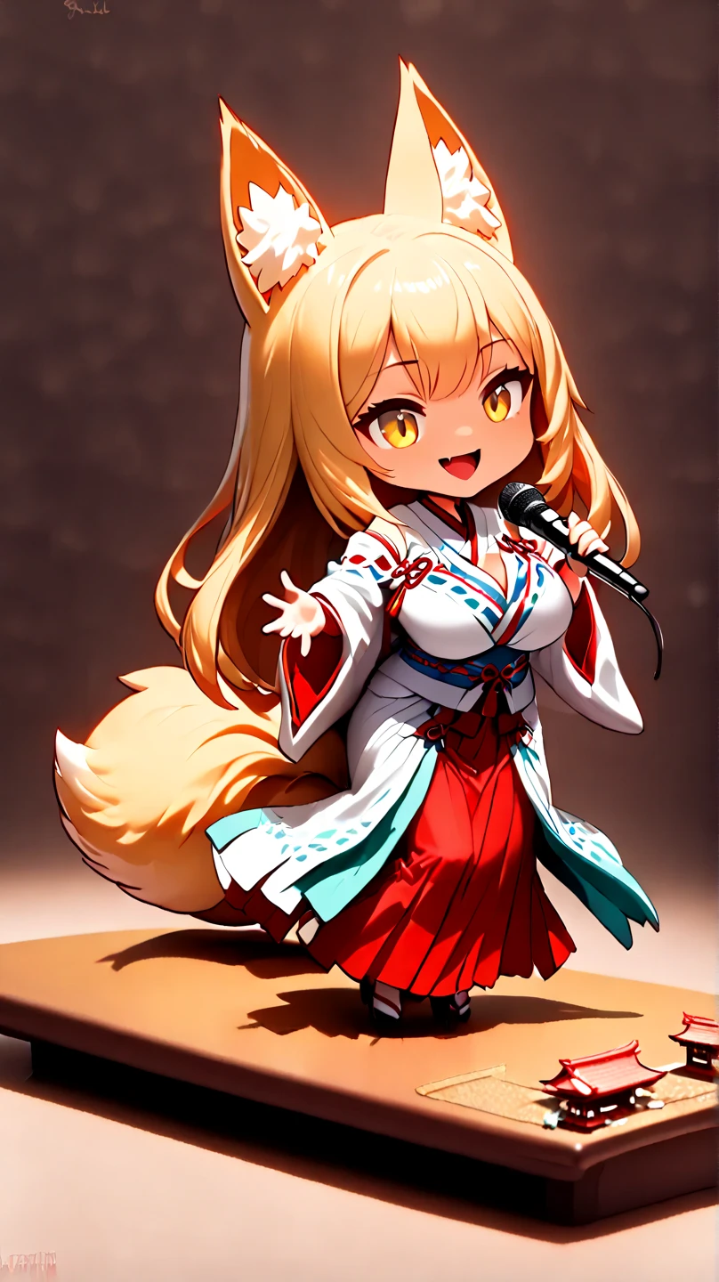 (  Masterpiece ,   top quality:1.2), ((( 1 anime girl))) , (((Alone))),   expressive eyes , Fox&#39;s Tail, ((( long blonde hair))). ((( straight hair))), milf, mature woman, (smile), ((( golden eyes))), (((Standard shrine maiden costume))), ((( fox ears))), Big Breasts, 嬉しそうなsmile, face shot, (((Hold the microphone and sing with your mouth open))),  looking at camera, goofy look, (((Torii of the small shrine ))),  Volume Light ,  subsurface scattering,  Cinematic Light ,  chiaroscuro,  jyojifuku, miko,red hakama, HUGE STUDY ROOM , ((( A miniature of a shrine on a huge desk))), ((( a very small hand-riding goddess on a huge desk))), Bird&#39;s-eye view, (((Tiny 5 cm tall woman ))), SD girl , ((full body))