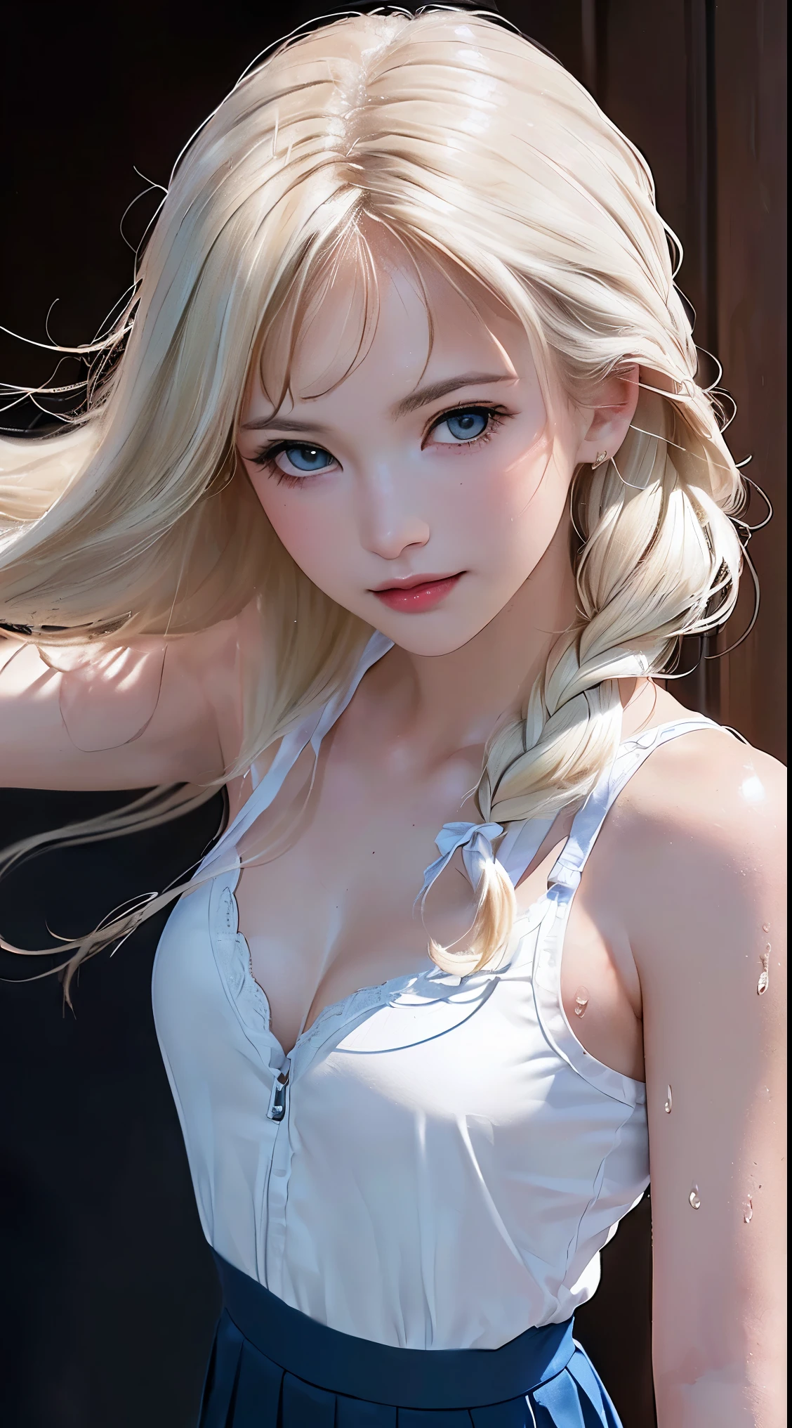(8k, RAW photo, photorealistic:1.25) ,( lipgloss, eyelashes, gloss-face, glossy skin, best quality, ultra highres, depth of field, chromatic aberration, caustics, Broad lighting, natural shading, Kpop idol) looking at the audience With serenity and goddess-like bliss, sadistic face smile, big breasts