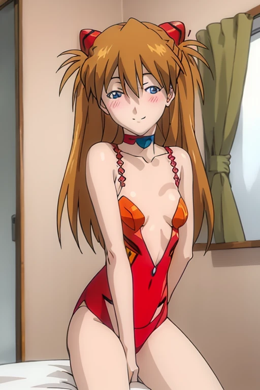 (( top quality)), ((masterpiece)), (be familiar with),  Perfect Face, indoor, bedroom,  Watching Viewers ,
One woman,  Soryu Asuka Langley,
開いた口,  ecstatic expression beside the piano, blush, smile,
 small tits,  flat chest, Young girl, Lori,  s,  girl,
 long hair,  two side up,
Leg spread,