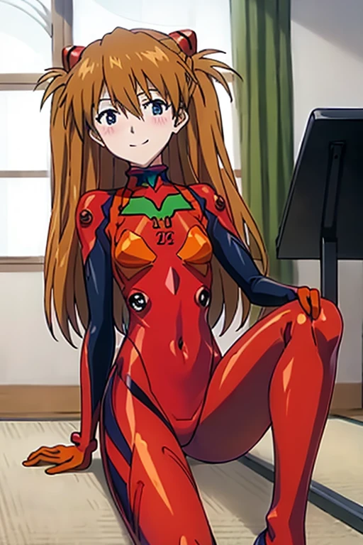 (( top quality)), ((masterpiece)), (be familiar with),  Perfect Face, indoor, bedroom,  Watching Viewers ,
One woman,  Soryu Asuka Langley,
開いた口,  ecstatic expression beside the piano, blush, smile,
 small tits,  flat chest, Young girl, Lori,  s,  girl,
 long hair,  two side up,
Leg spread,