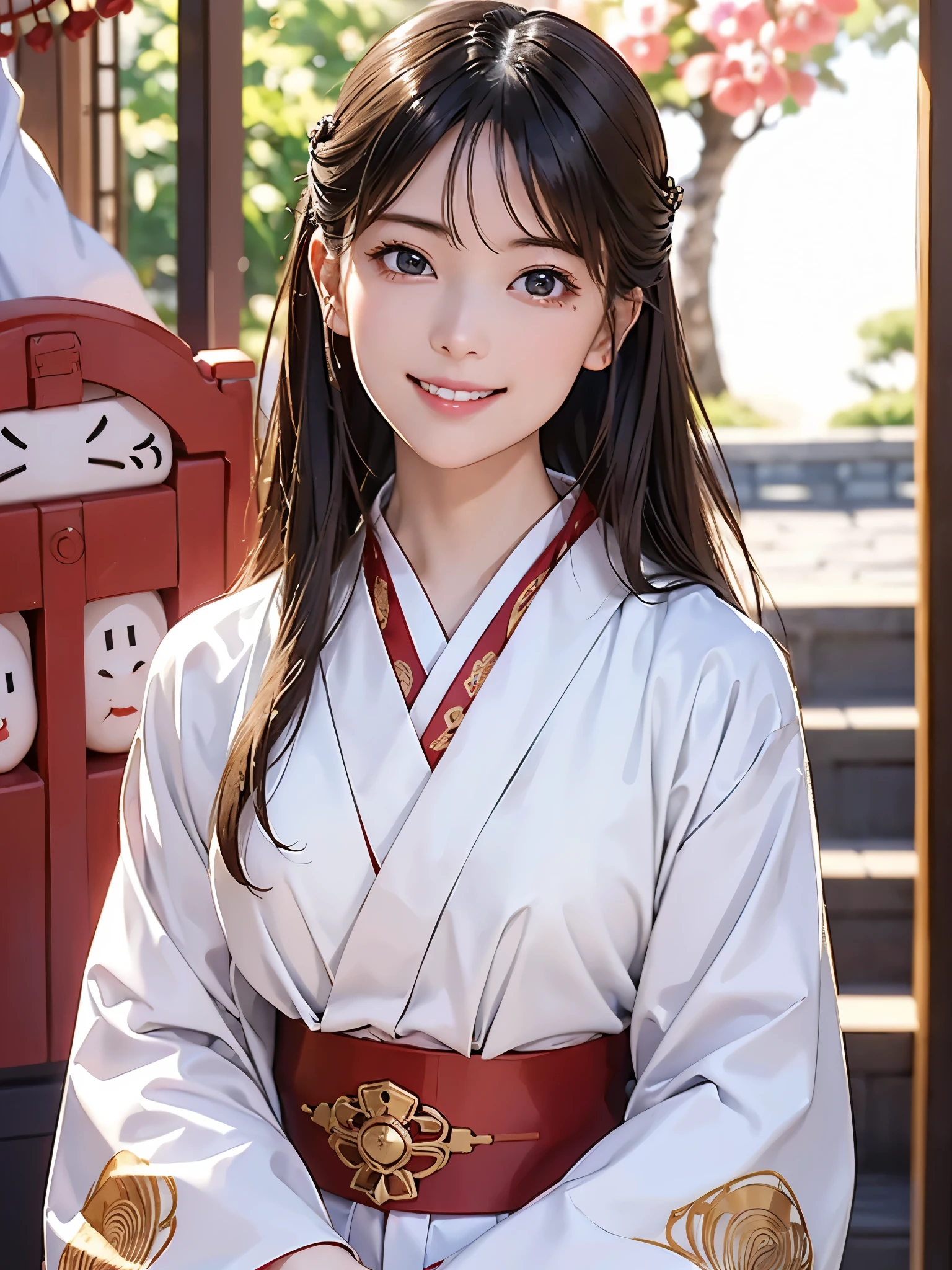 ( face close-up:1.2)、 top quality、 ultra high definition、(Photographically: 1.3)、 beautiful eyes、 very beautiful、 shiny hair 、Mature and elegant、(smile、smile:1.4)、(kawaii miko girl, wearing japanese white clothes,red hakama, in a Japanese shrine, 45 angle by krenz cushart and Mucha, golden hour lighting, strong rim light, intense shadows)
