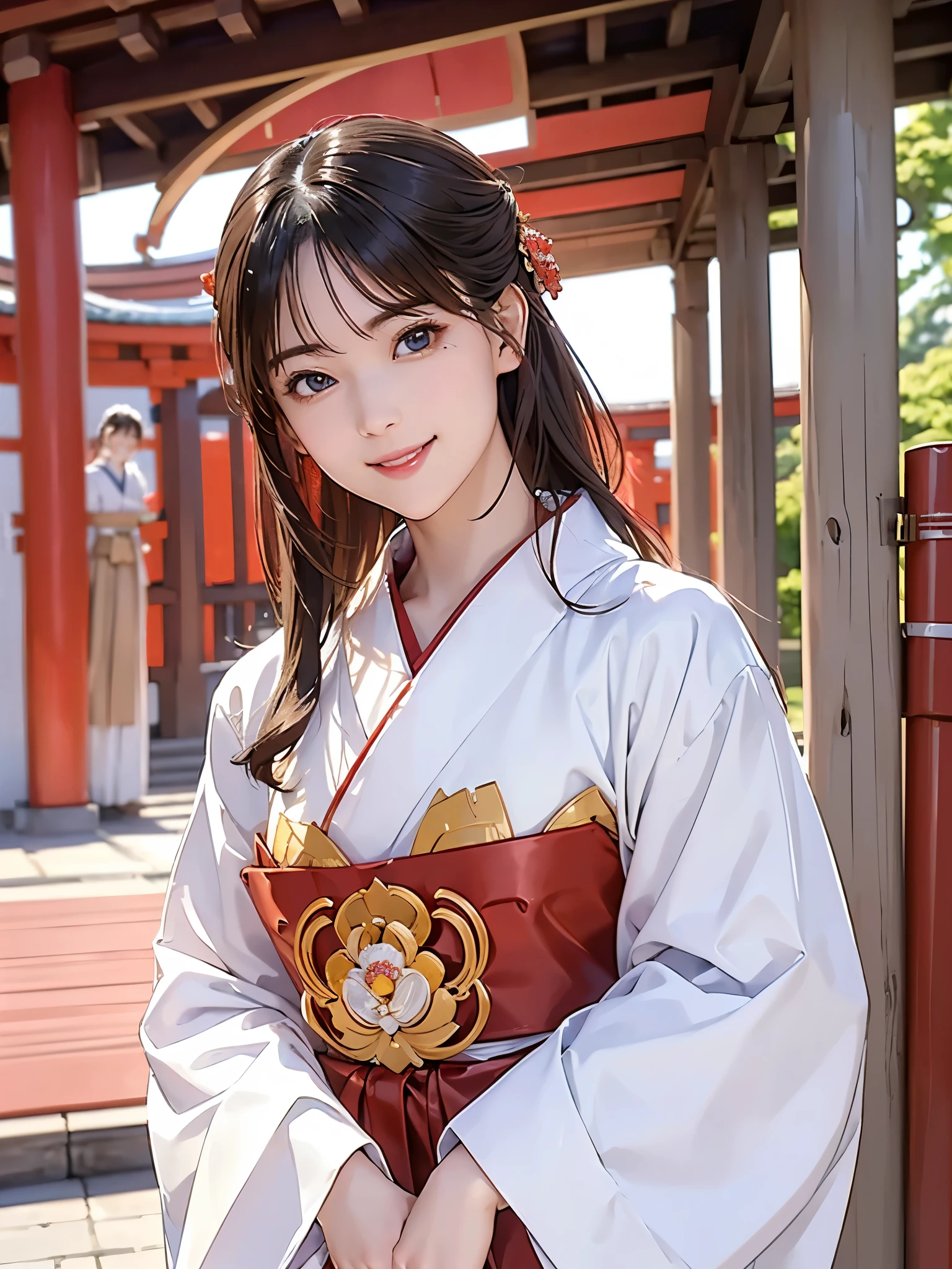 ( face close-up:1.2)、 top quality、 ultra high definition、(Photographically: 1.3)、 beautiful eyes、 very beautiful、 shiny hair 、Mature and elegant、(smile、smile:1.4)、(kawaii miko girl, wearing japanese white clothes,red hakama, in a Japanese shrine, 45 angle by krenz cushart and Mucha, golden hour lighting, strong rim light, intense shadows)