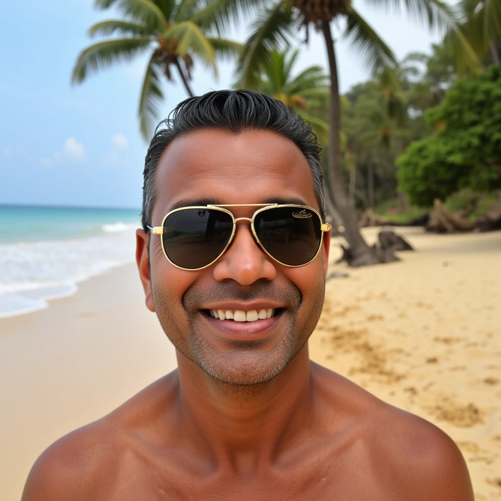 indian man wearing aviator chilling in beach and smiling at camera