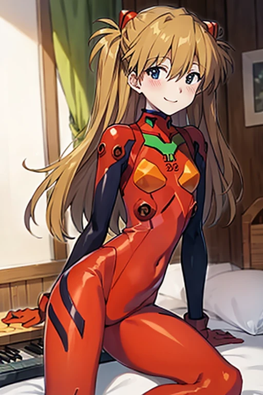 (( top quality)), ((masterpiece)), (be familiar with),  Perfect Face, indoor, bedroom,  Watching Viewers ,
One woman,  Soryu Asuka Langley,
開いた口,  ecstatic expression beside the piano, blush, smile,
 small tits,  flat chest, Young girl, Lori,  s,  girl,
 long hair,  two side up,
Leg spread,