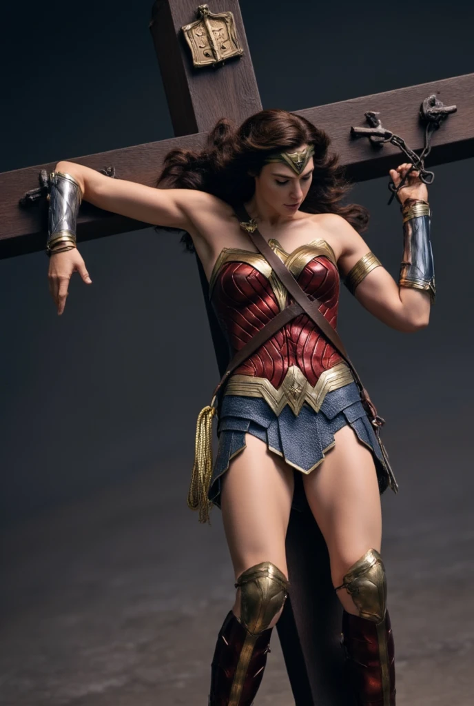 Gal Gadot is Wonder woman, lying unconscious, crucifixion on the cross, her wrist are bond by chain,