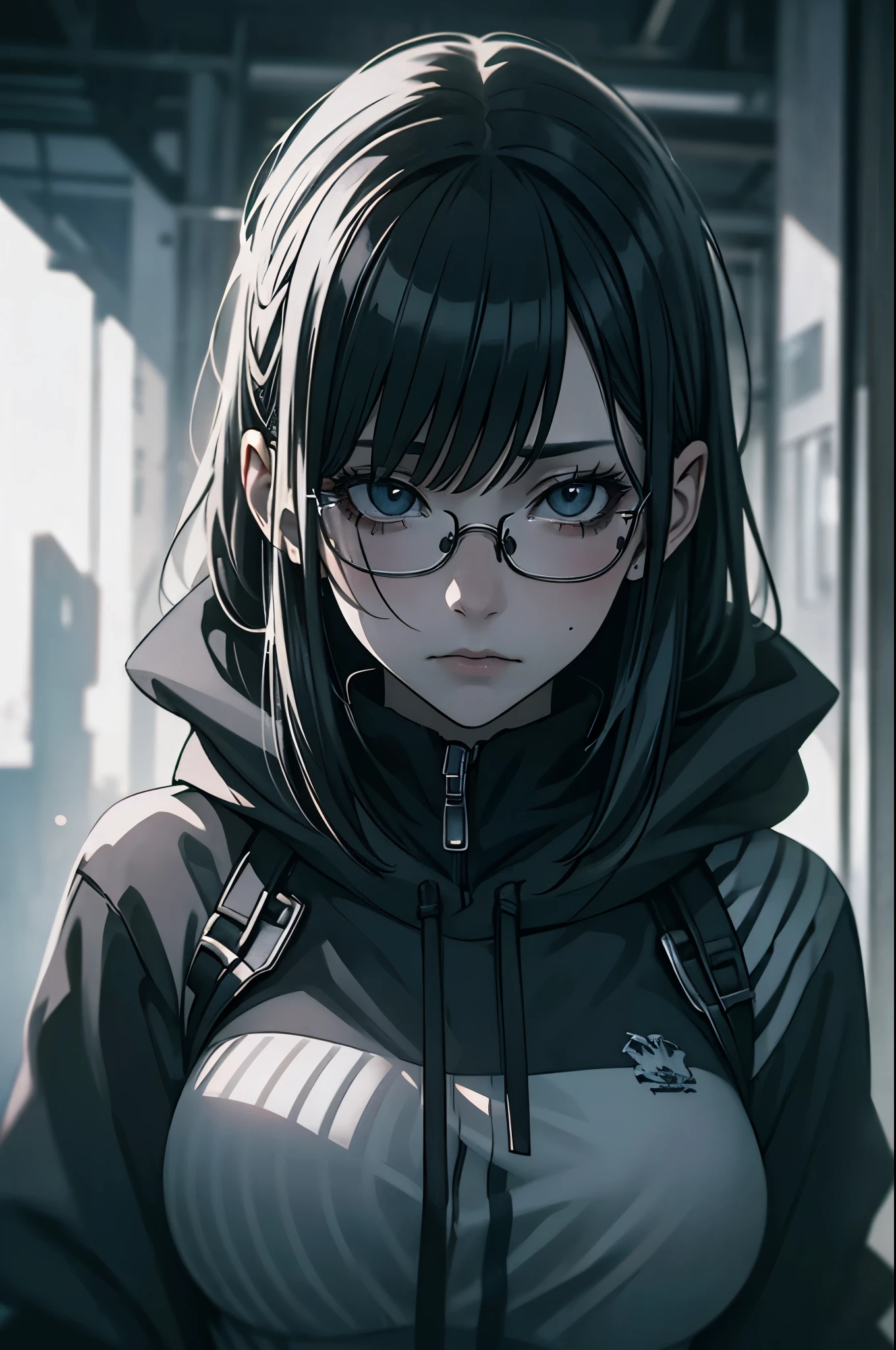 a depressed college girl with glasses, dark circles under her eyes, large breasts visible through her clothing, wearing a hoodie, intricate detailed face, realistic lighting, cinematic composition, moody atmosphere, muted color palette, dramatic lighting, photorealistic, ultra detailed, 8k, (best quality:1.2), (realistic:1.37)