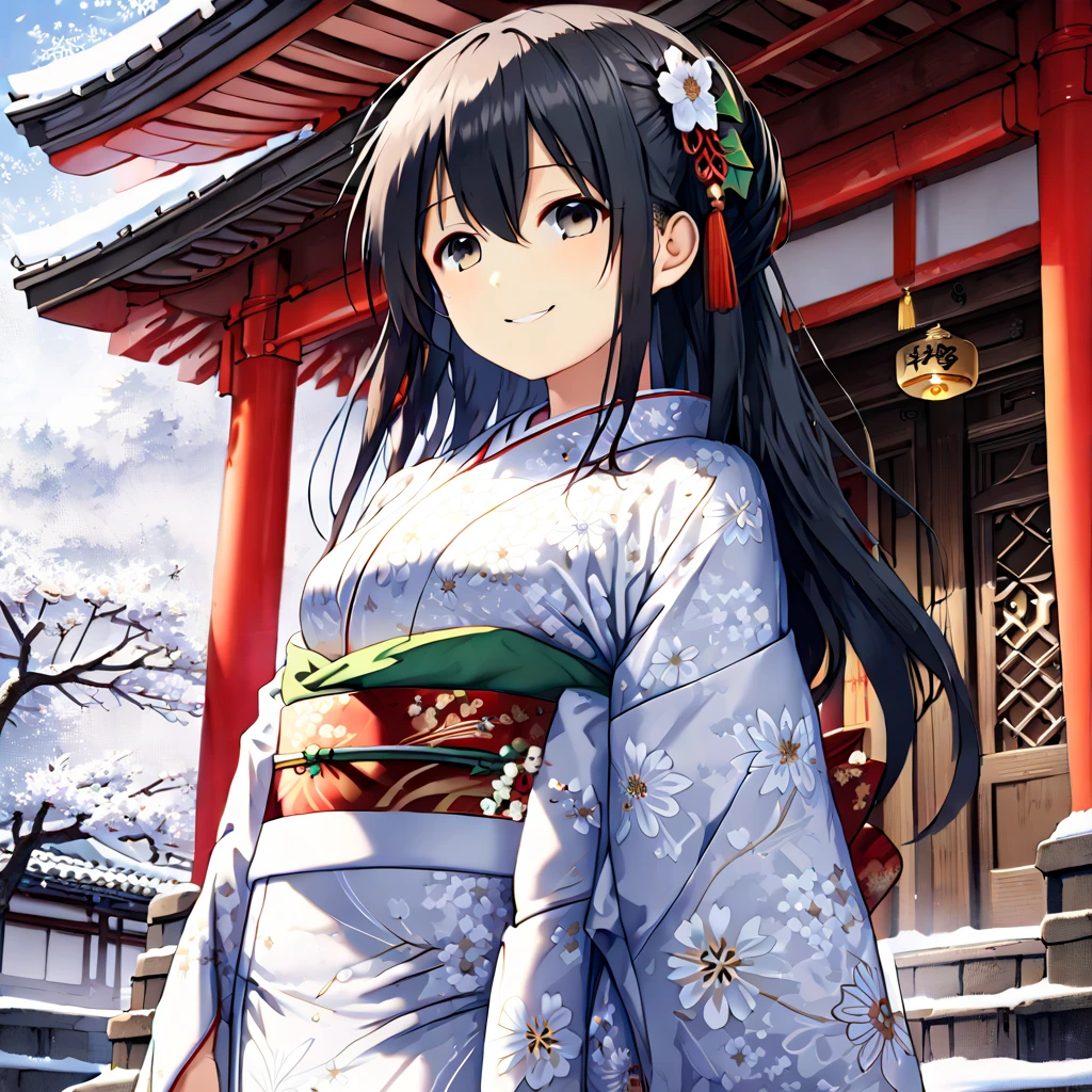 ( from the side 1 girl ), black hair:1.5, black eyes,long hair ,sidelocks,smile,blush, ( small tits:1.5)、(luxurious white pattern kimono:1.5),stand、snow、shrine、front、From below、(( cowboy shot:2)),( perfect anatomy ),( best quality), ( ultra hi-res), (超 high definition ), ( Highly Detailed CG), (32K), (masterpiece)、eyesHD,Green \(Neptunia )\