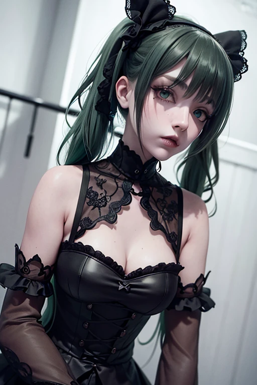 1 Female, Tamaki, green hair, hair between eyes, (detailed eyes:1.3), Gothic Fashion, cowboy shot