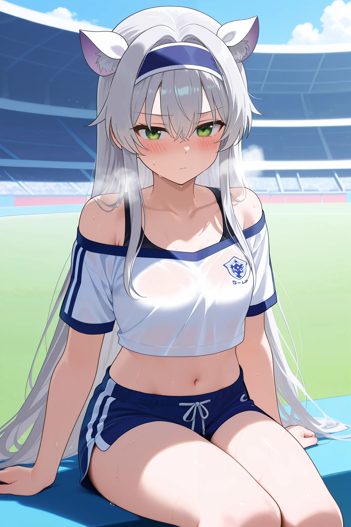 NSFW,masterpiece, top quality, high definition, very detailed,Sistine＝Fiebel 、 Roku Denashi Magi Instructor and Akashic Records、 green eyes、 gray hair、stupid hair、 small breasts、 long hair、 blue headband 、 fake animal ears , shorts , crop top, off shoulder,Short sleeve, a lot of sweat,blush,Heavy breathing, athletics stadium, track, sitting 