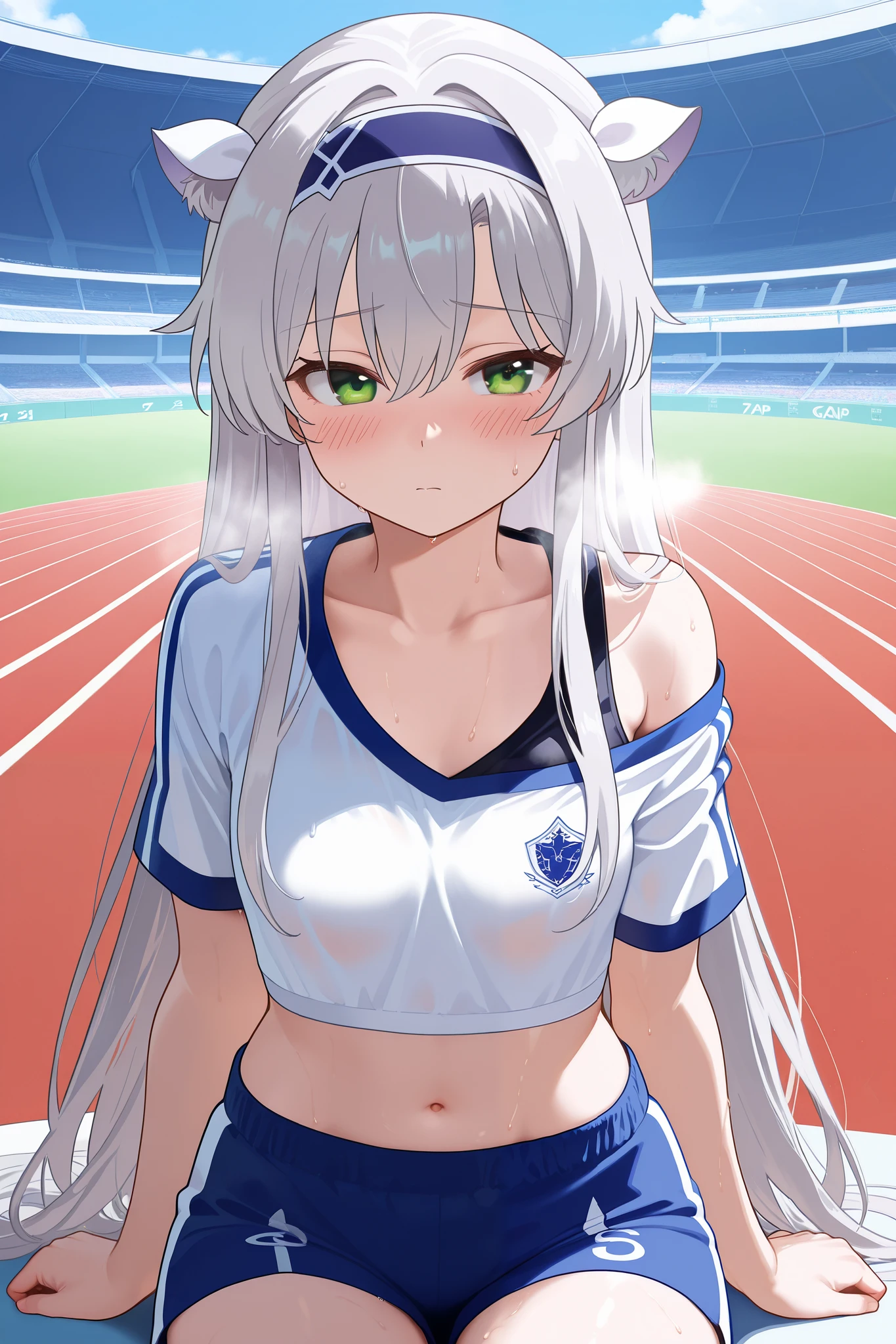 NSFW,masterpiece, top quality, high definition, very detailed,Sistine＝Fiebel 、 Roku Denashi Magi Instructor and Akashic Records、 green eyes、 gray hair、stupid hair、 small breasts、 long hair、 blue headband 、 fake animal ears , shorts , crop top, off shoulder,Short sleeve, a lot of sweat,blush,Heavy breathing, athletics stadium, track, sitting 