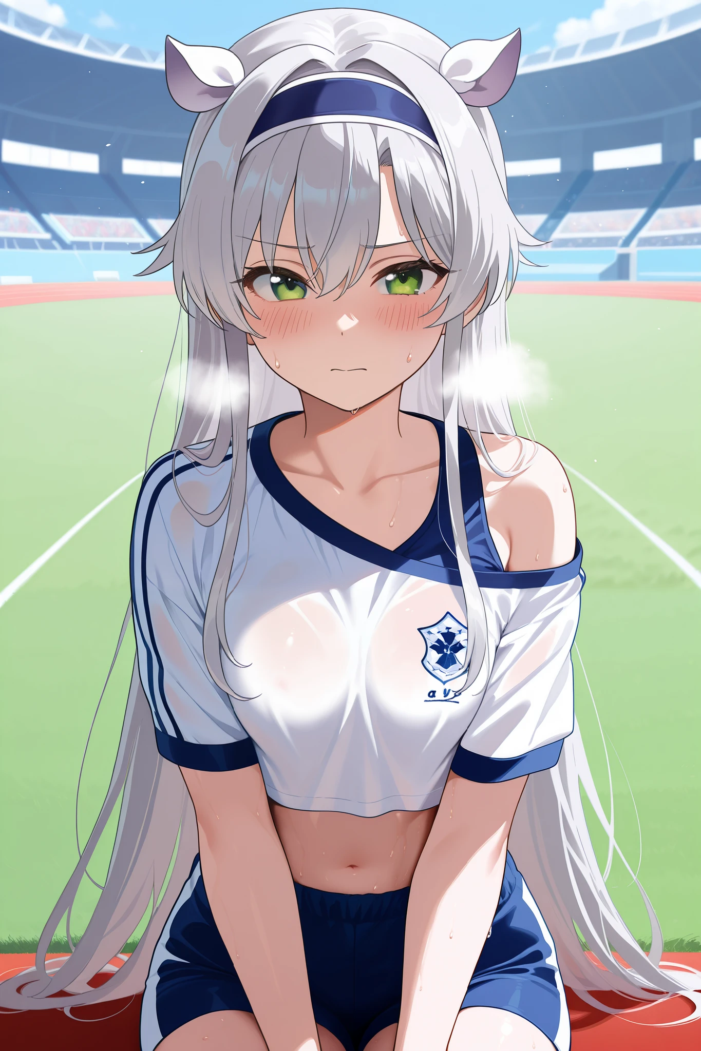 NSFW,masterpiece, top quality, high definition, very detailed,Sistine＝Fiebel 、 Roku Denashi Magi Instructor and Akashic Records、 green eyes、 gray hair、stupid hair、 small breasts、 long hair、 blue headband 、 fake animal ears , shorts , crop top, off shoulder,Short sleeve, a lot of sweat,blush,Heavy breathing, athletics stadium, track, sitting 