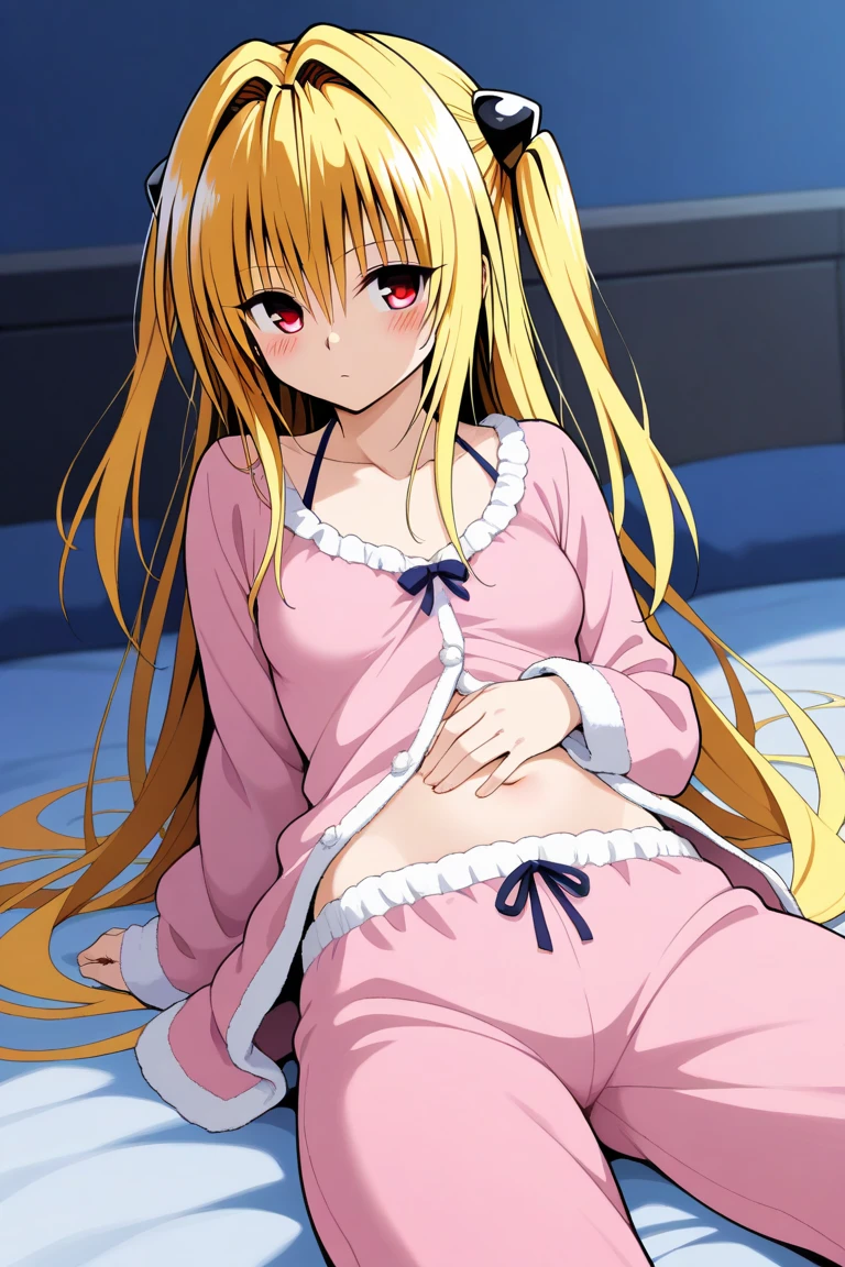 love-ru , konjiki na yami,  1girl, In pajamas,  blond hair ,  blush a lot ,  breast, In pajamas,   with an expressionless face ,  with her mouth slightly open, eyebrows are hidden by hair, Floating hair,  hair between eyes,  hair consumes ,  halterneck,  long hair, большая breast, navel,  red eyes, beautiful background,  anime style, One, lies, one hand on the stomach, другая держит breast,  Legs slightly spread , very  long hair, background on the bed,  masterpiece fails,  top quality,  great quality, very aesthetic, aesthetic, absurdres 