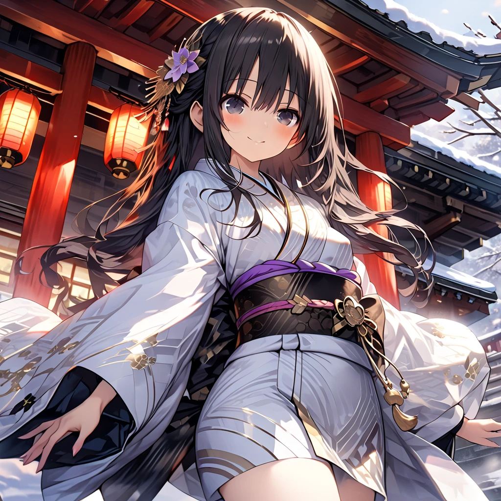 ( from the side 1 girl ), black hair:1.5, black eyes,long hair ,sidelocks,smile,blush, ( small tits:1.5)、(luxurious white pattern kimono:1.5),stand、snow、shrine、front、From below、(( cowboy shot:2)),( perfect anatomy ),( best quality), ( ultra hi-res), (超 high definition ), ( Highly Detailed CG), (32K), (masterpiece)、eyesHD,Green \(Neptunia )\