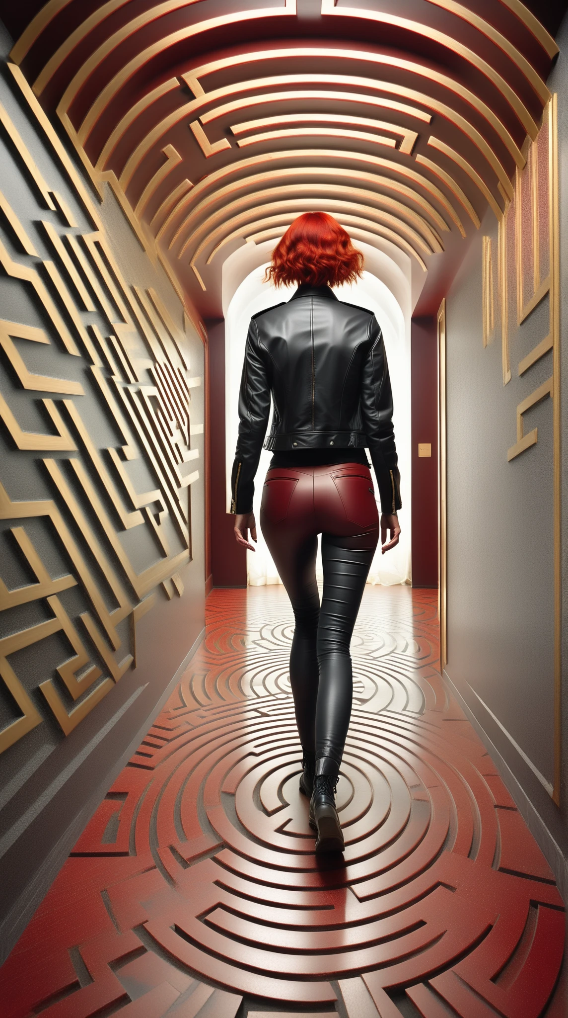 Score_9, score_8_up, score_7_up, source_surreal, surrealism, perspective, rating_safe;; 1woman, J3sse, facing away, rear angle, (levitating off the floor:1.27), from behind;; crimson red hair, (fitted and cropped black leather jacket), tight grey t-shirt, (low-cut tight black pants), round hips, strong glutes, boots;; art deco interior architecture, (indoors labyrinthine hotel corridors:1.42), (indoors endlessly shifting art deco hotel hall), (indoors endless liminal space:1.52), red and gold motifs, vintage dark wood hotel furniture, red and gold art deco patterned carpet, 1920s style background of wood and red and gold