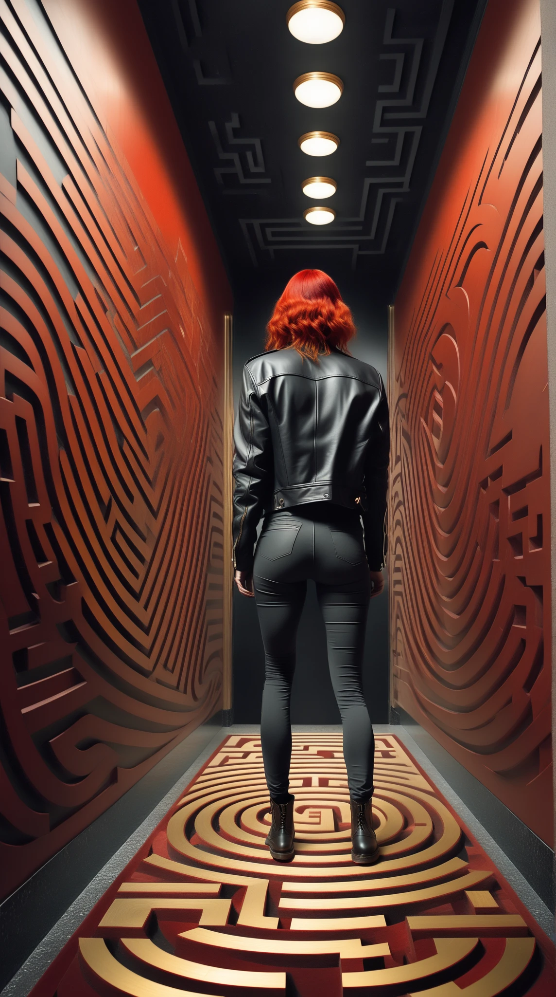 Score_9, score_8_up, score_7_up, source_surreal, surrealism, perspective, rating_safe;; 1woman, J3sse, facing away, rear angle, (levitating off the floor:1.27), from behind;; crimson red hair, (fitted and cropped black leather jacket), tight grey t-shirt, (low-cut tight black pants), round hips, strong glutes, boots;; art deco interior architecture, (indoors labyrinthine hotel corridors:1.42), (indoors endlessly shifting art deco hotel hall), (indoors endless liminal space:1.52), red and gold motifs, vintage dark wood hotel furniture, red and gold art deco patterned carpet, 1920s style background of wood and red and gold