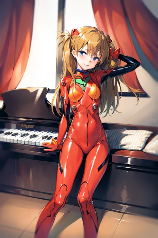 (( top quality)), ((masterpiece)), (be familiar with),  Perfect Face, indoor, bedroom,  Watching Viewers ,
One woman,  Soryu Asuka Langley,
開いた口,  ecstatic expression beside the piano, blush, smile,
 small tits,  flat chest, Young girl, Lori,  s,  girl,
 long hair,  two side up,
Leg spread,