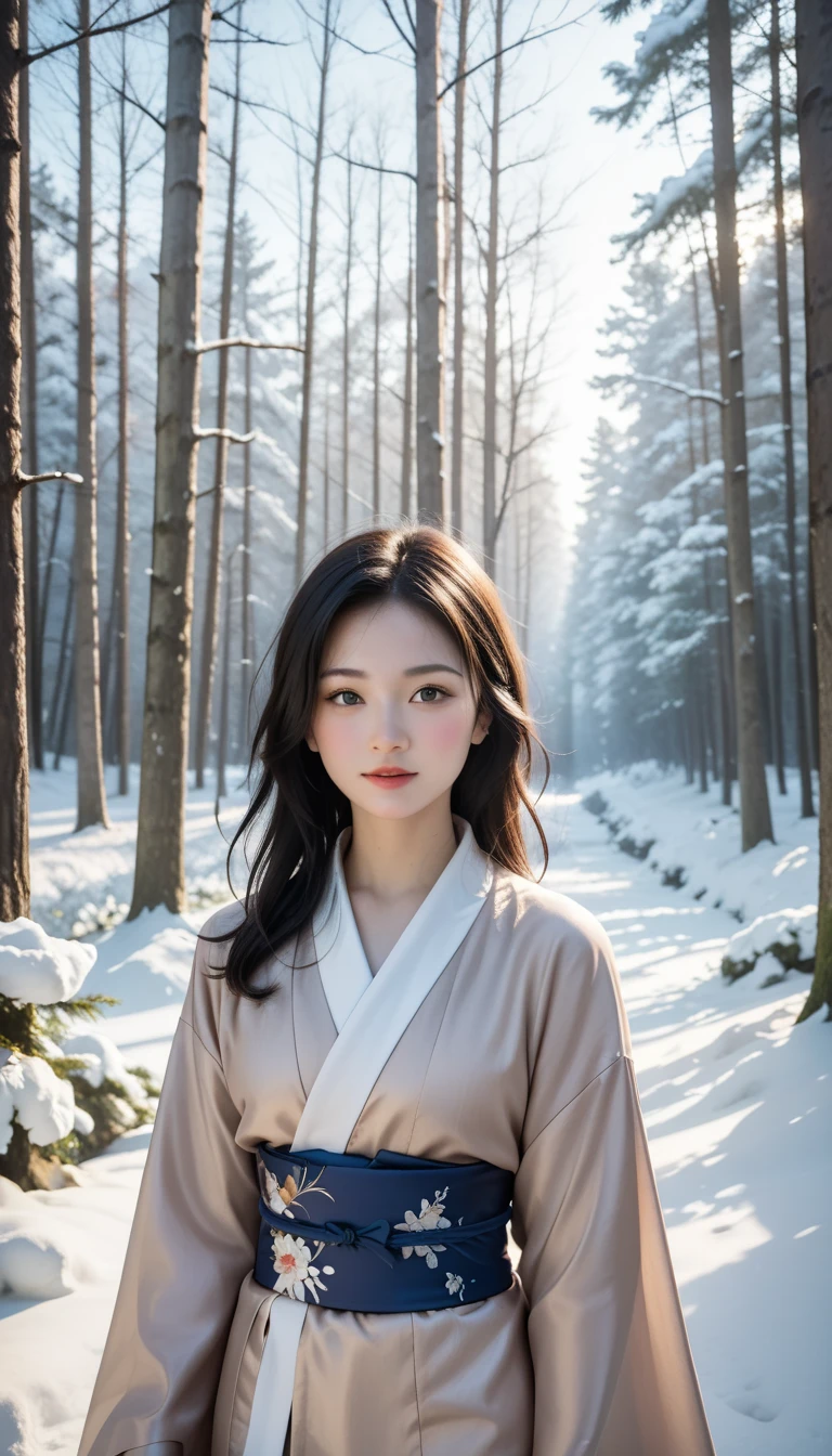  black hair、  cute顔, ( kimono)、( top quality,Masterpiece:1.3, super A high resolution,),( very detailed, caustics ),( Photorealistic:1.4,RAW shooting,) super realistic capture , very detailed,High resolution 16K suitable for human skin、  skin texture is natural 、、 for even skin tone and healthy appearance、  use natural light and color , one woman, Japanese ,, cute, black hair, Making middle hair ,( depth of written border 、 Color Difference、、Wide lighting range、Natural Shading、)、、( snow is falling :1.3)、( hair fluttering in the wind:1.3)、( snow reflects light :1.3)