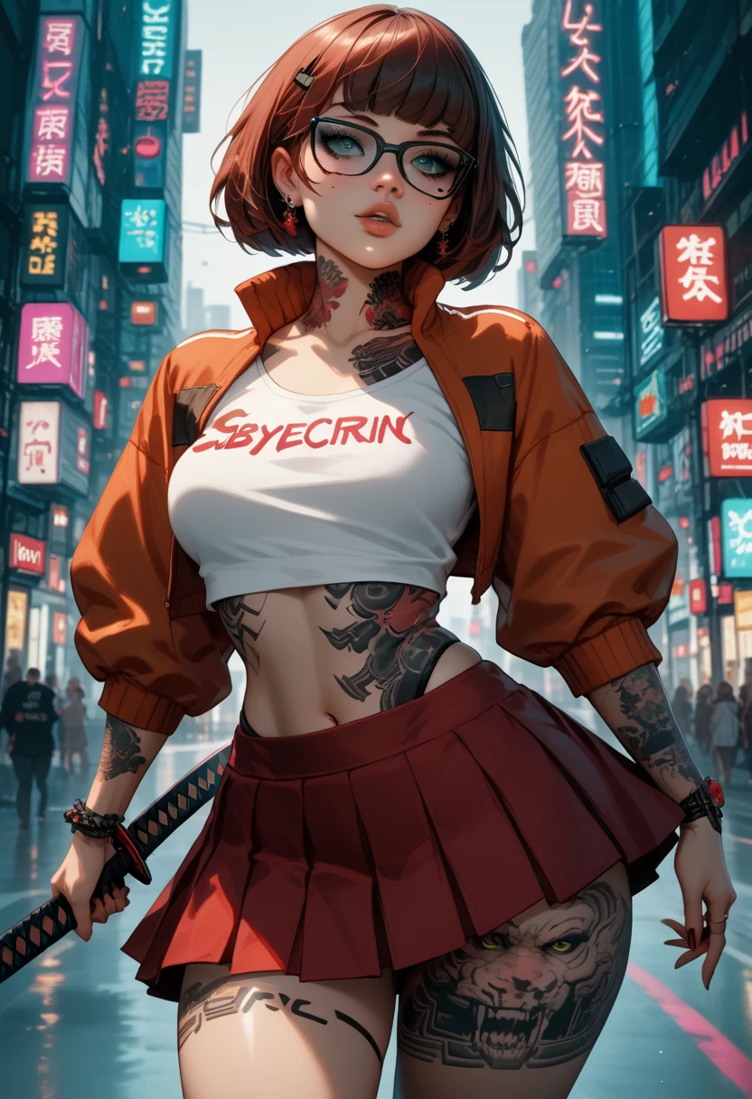 cinematic visuals of a beautiful curvy woman velma dinkley  have tattoos cyberpunk cyberpunk neon city body sharp gaze sexy pose wearing mini skirt panties holding a katana