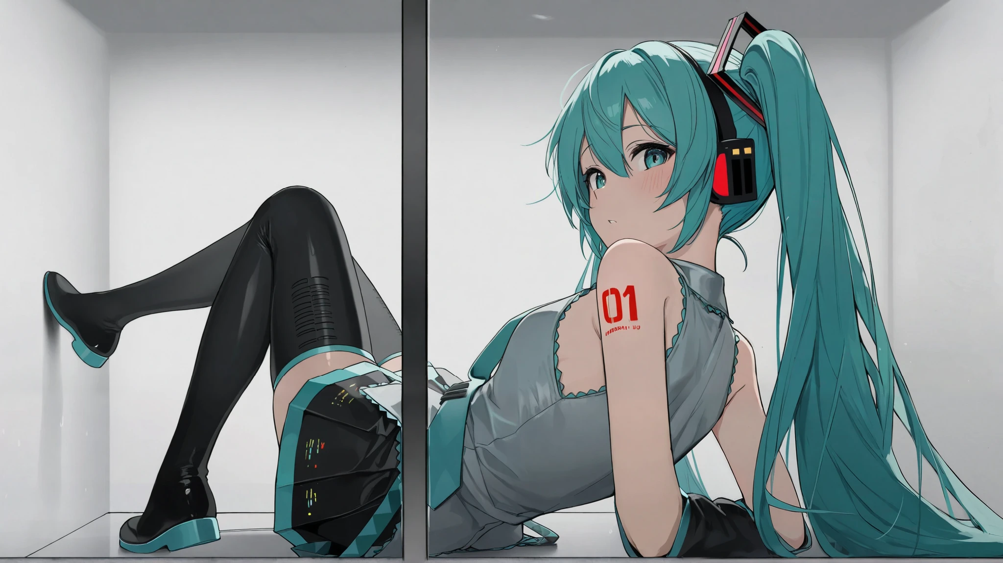 hatsune miku ,masterpiece,illustration, best quality, highres 64k, professional artwork, famous artwork, clean, cinematic lighting, beautiful eyes + detail, beautiful hair + detail, multicoloured hair, (sexy young female body:1.4), ( medium breasts, lactation), happy:1.2, smile, sexy looking at the viewer, floating hair,white hair,see-through leotard,covered,covered navel, masterpiece,1girl,cute, looking back, white long shirt ,view from behind,1 girl, , big boobs, , sitting, sitting in front of an easel, brush in hand, easel with a painting, facing front, looking at the painting, painting a picture, a picture with a woman painted with spreand legs, in the mountains