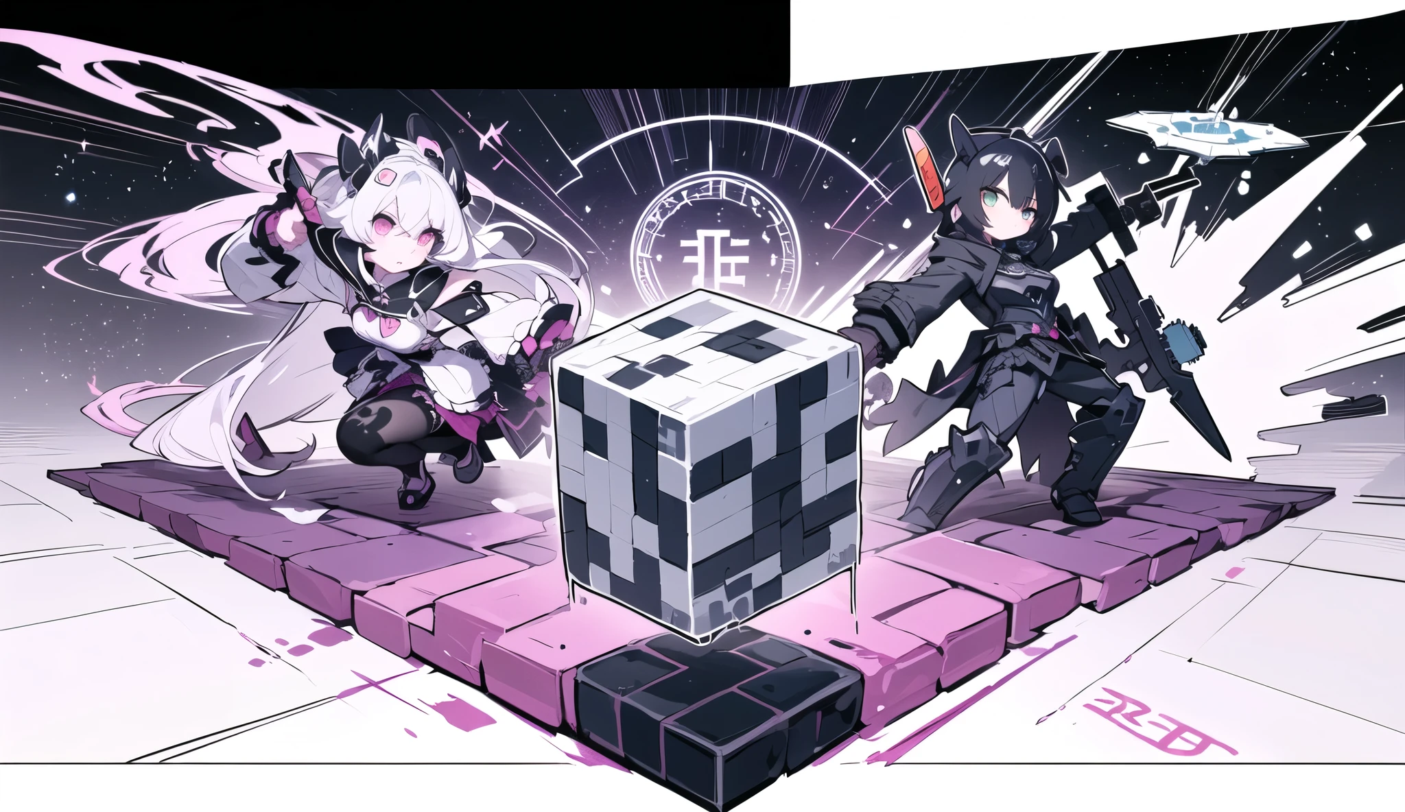minecraft project banner, alt style, dark and white work. you can also add pink and purple if appropriate.
on the banner on the sides are alt anime girls.
in the middle is a large stylized text "ALT WORLD" without frills, just so it is clearly visible and memorable.
it is recommended to add elements related to minecraft, such as blocks, tools or animals, to emphasize the theme of the project. the background can be made stylized as a cubic world, with light gradients for dynamics, to attract the attention of the target audience. elements can be slightly transparent, so as not to distract from the main text and characters.