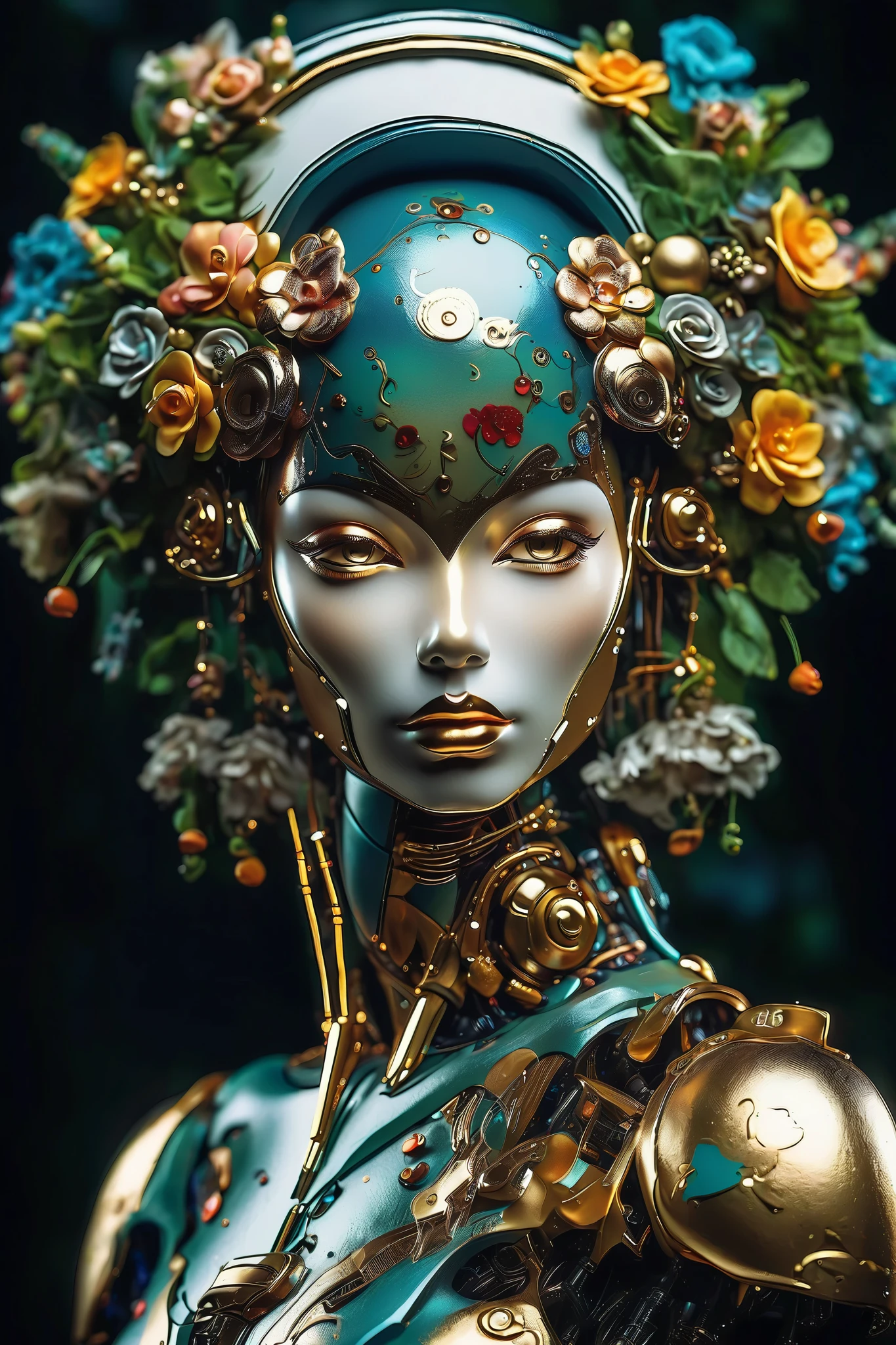 (masterpeace), ((super real photography: 1.5)), ((photo realistic: 1.3)), (real photo),
young girl with a lot of flowers, ((A young girl robot: 1.5)), (bust statue: 1.3),
BREAK
headgear, ((real crystal skin)), ((beautiful face: 1.5)), ((Super cute: 1.5)), ((babyface: 1.5)), ((well-balanced face)), (half-closed eyes: 1.5), longeyelashes, stunning big eyes, luscious glossy lips, ((blunt bangs: 1.5)), (long hair),
BREAK
(slender body: 1.3), petite bust, flower bloom, (flowers: 1.5),
BREAK
octane rendering, Super Detailed armor,
BREAK
(simple background: 1.3), ((bust shot: 1.3)), cinema quality, professional photograph, (photo studio: 1.5), (Bright Light: 1.2), Eye-Level Shot, wide lens, (fujifilm 35mm), (film photo), RAW, Excessive Embellishment, UHD,
BREAK
anatomically correct, textured skin, best quality, 8k