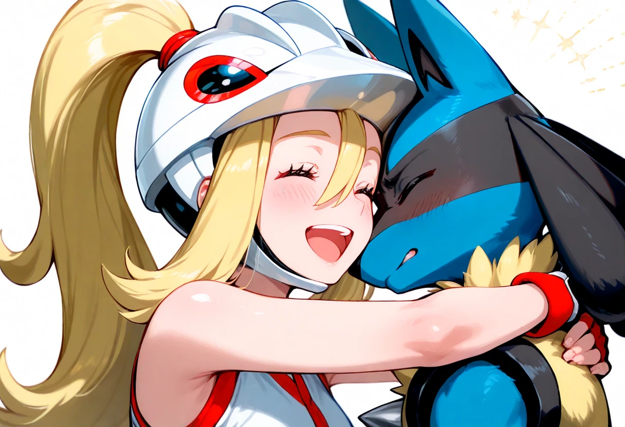 korrina \(pokemon\), 1girl, blonde hair, closed eyes, open mouth, tongue, blush, long hair, eyelashes, :d, hair between eyes, ponytail, two side up, bare shoulders, happy, helmet, gloves, sleeveless, shirt, fingerless gloves, hug, upper body, white background, lucario(pokemon), teeth, smile, upper teeth only, affectionate