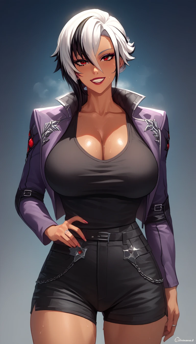 NTR, masterpiece, infidelity, Score_9, score_8_up, score_7_up, score_6_superior, source_anime, rating:general, 1girl, beautiful woman, beautiful body, body heat, tan skin, curvy, mature, big breasts, sweating, makeup, ultra detailed eyes, best quality, big breasts, (curvy),  ,,, BREAK, white hair, red eyes, gloriaDojo, purple jacket, black shirt, black shorts, knee pads, short hair, single hair bun, collarbone, BREAK,  smile, looking at viewer, cowboy shot, , Score_PnyReal, (lineless:0.85), Arlecchino \(genshinimpact\), 8k, high quality, wallpaper