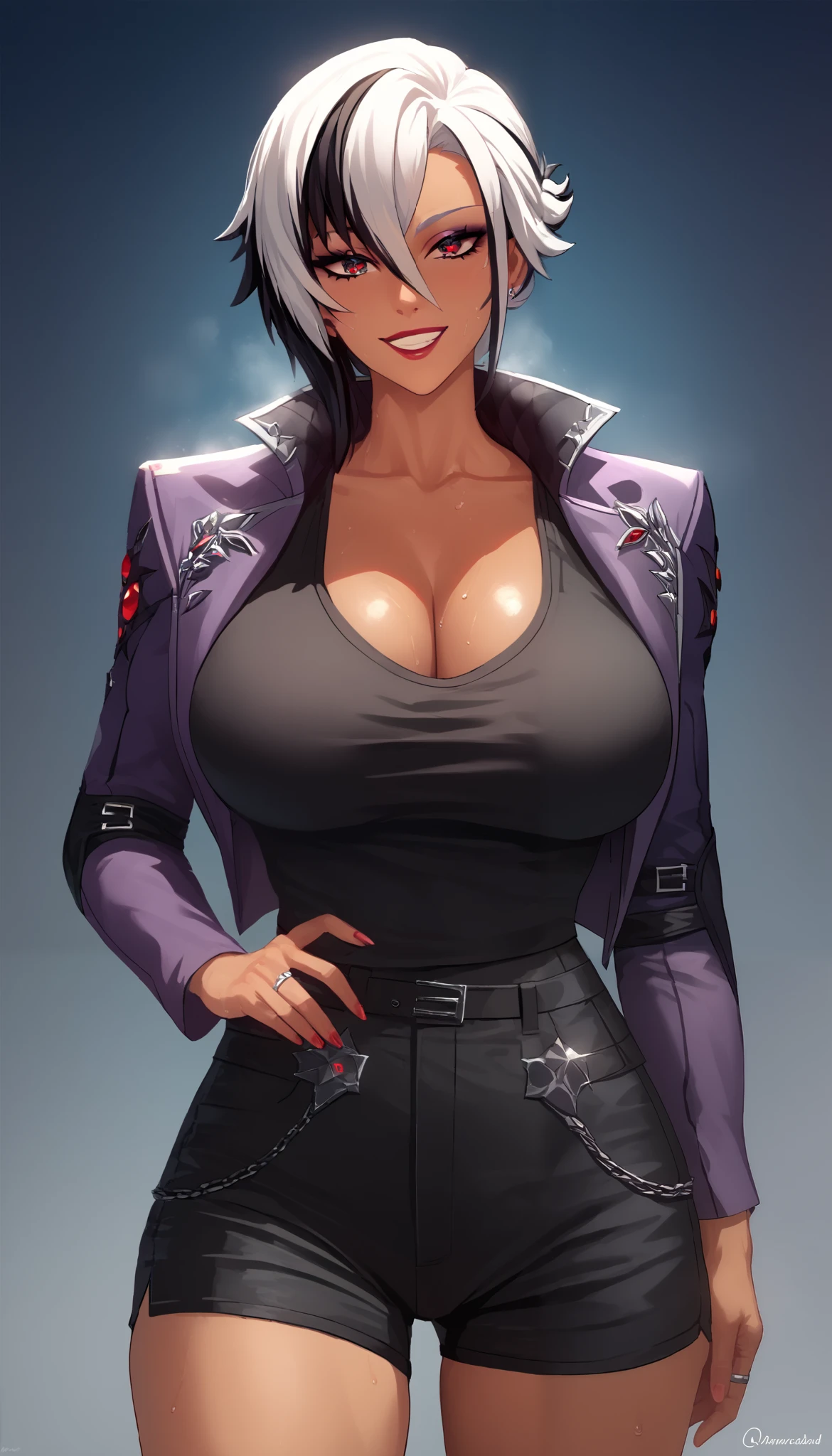 NTR, masterpiece, infidelity, Score_9, score_8_up, score_7_up, score_6_superior, source_anime, rating:general, 1girl, beautiful woman, beautiful body, body heat, tan skin, curvy, mature, big breasts, sweating, makeup, ultra detailed eyes, best quality, big breasts, (curvy),  ,,, BREAK, white hair, red eyes, gloriaDojo, purple jacket, black shirt, black shorts, knee pads, short hair, single hair bun, collarbone, BREAK,  smile, looking at viewer, cowboy shot, , Score_PnyReal, (lineless:0.85), Arlecchino \(genshinimpact\), 8k, high quality, wallpaper