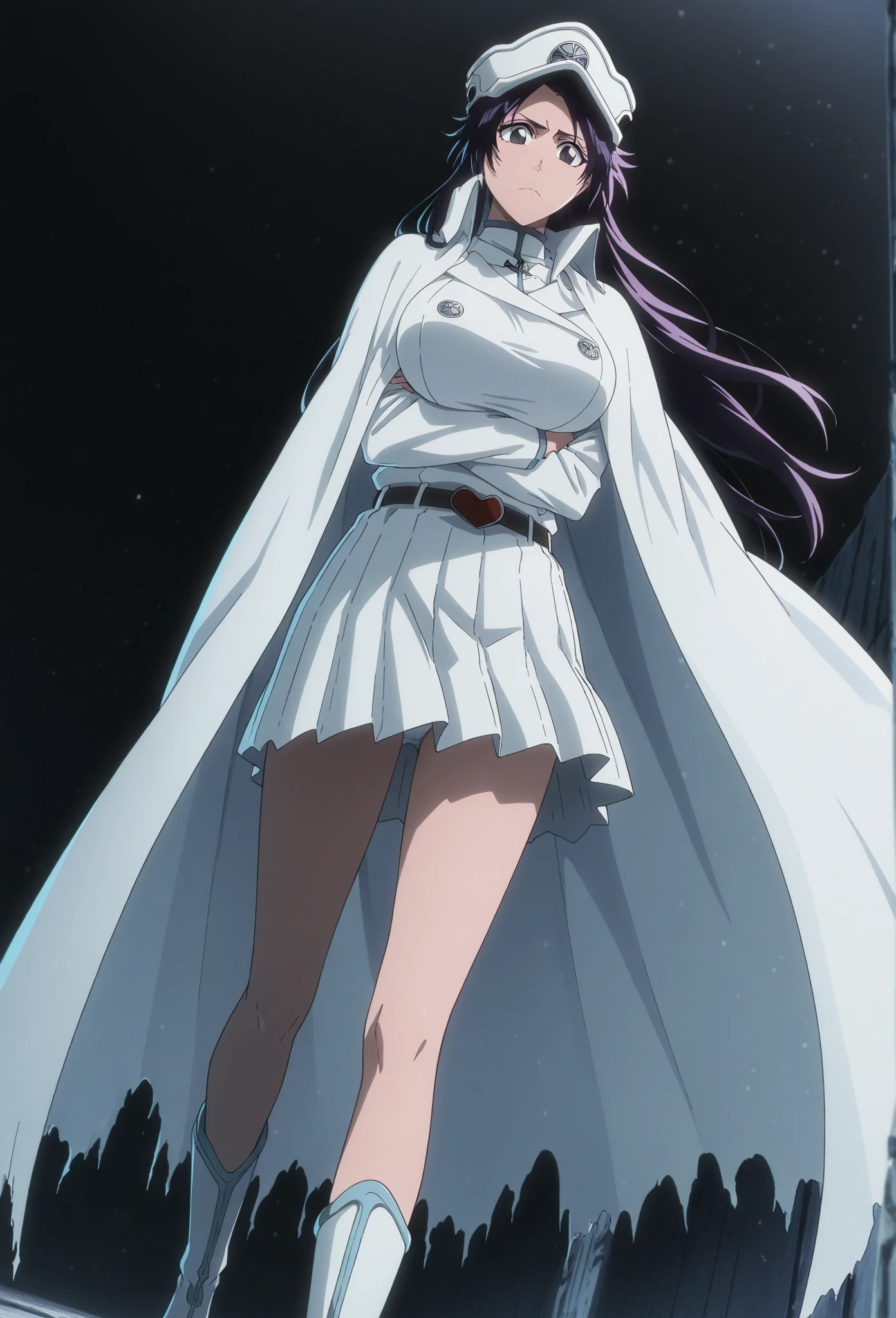   one girl , Alone, 、BLEACH, White Hat、 white cloak、 short skirt ,  underwear、 boots、belt、evil、 black background、
   look down,   arm-crossed、 is standing、 detailed crotch、 general  , Masterpiece,   Top Quality,   So Aesthetic ,   anime screen capture ,  Big Breasts、 dutch angle,   general  , Masterpiece,   Top Quality,   So Aesthetic ,