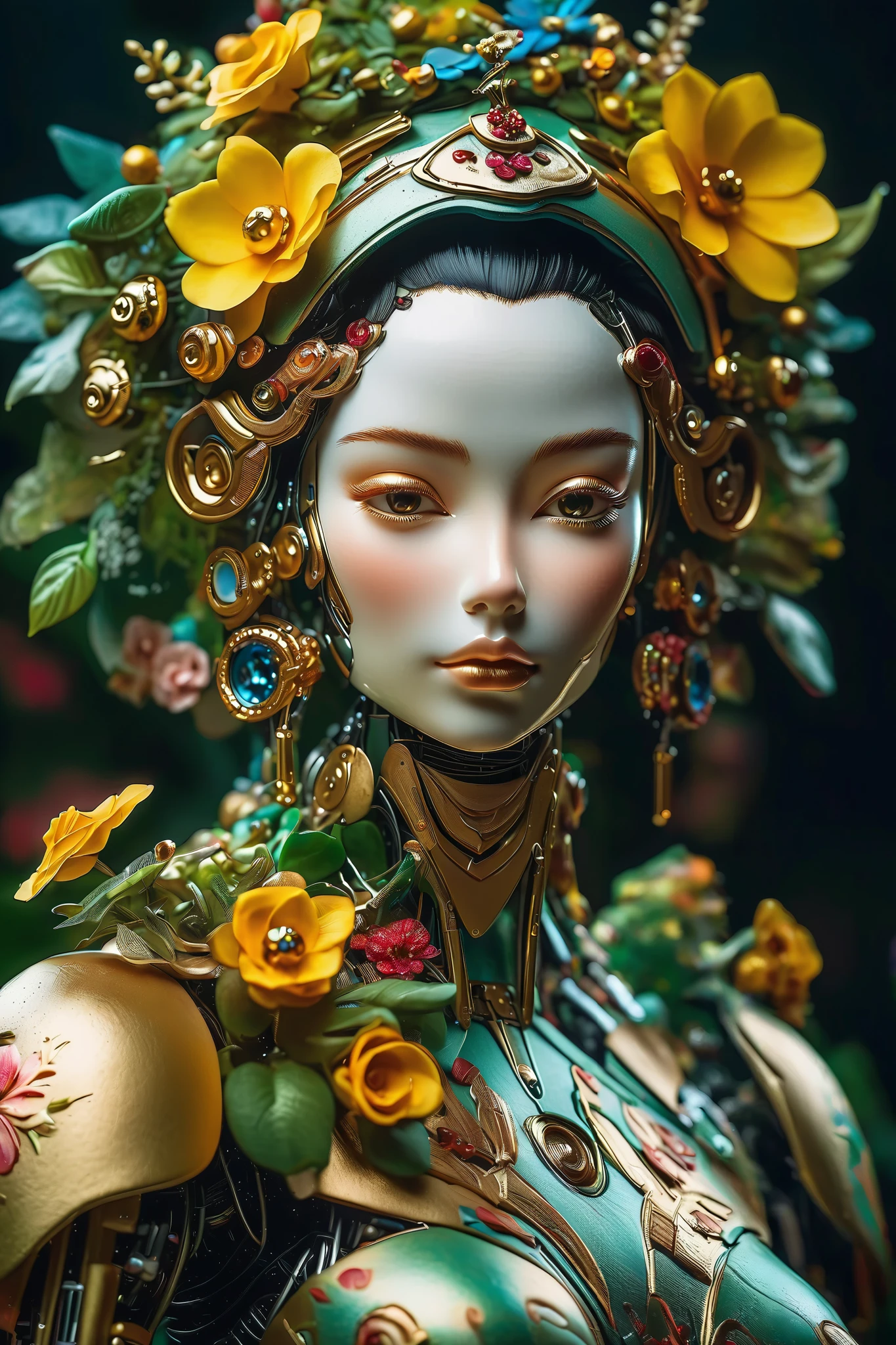 (masterpeace), ((super real photography: 1.5)), ((photo realistic: 1.3)), (real photo), 
young girl with a lot of flowers, ((A young girl robot: 1.5)),  (bust statue: 1.3), 
BREAK
headgear, ((real crystal skin)), ((beautiful face: 1.5)), ((Super cute: 1.5)), ((babyface: 1.5)), ((well-balanced face)), (half-closed eyes: 1.5), longeyelashes, stunning big eyes, luscious glossy lips, ((blunt bangs: 1.5)), (long hair), 
BREAK
(slender body: 1.3), petite bust, flower bloom, (flowers: 1.5),
BREAK
octane rendering, Super Detailed armor, 
BREAK
(simple background: 1.3), ((bust shot: 1.3)), cinema quality, professional photograph, (photo studio: 1.5), (Bright Light: 1.2), Eye-Level Shot, wide lens, (fujifilm 35mm), (film photo), RAW, Excessive Embellishment, UHD, 
BREAK
anatomically correct, textured skin, best quality, 8k